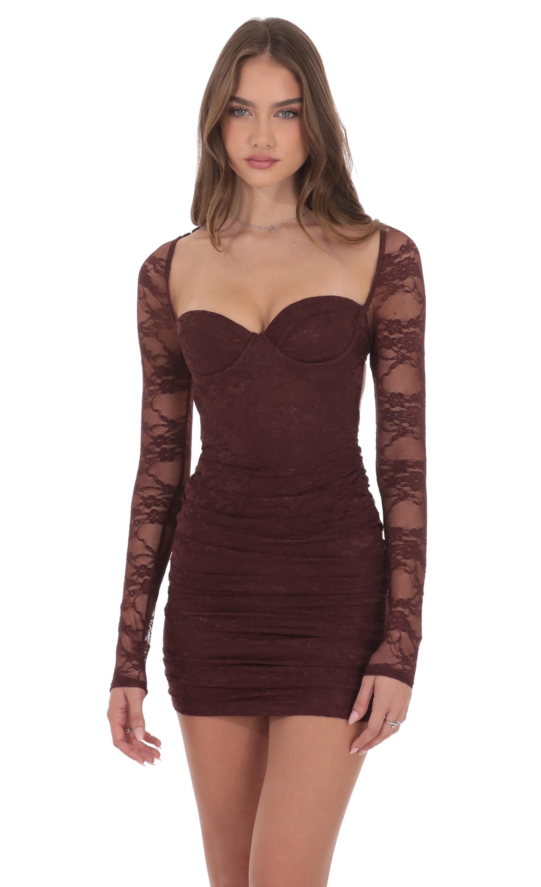 Lace Long Sleeve Bodycon Dress in Brown - view 1