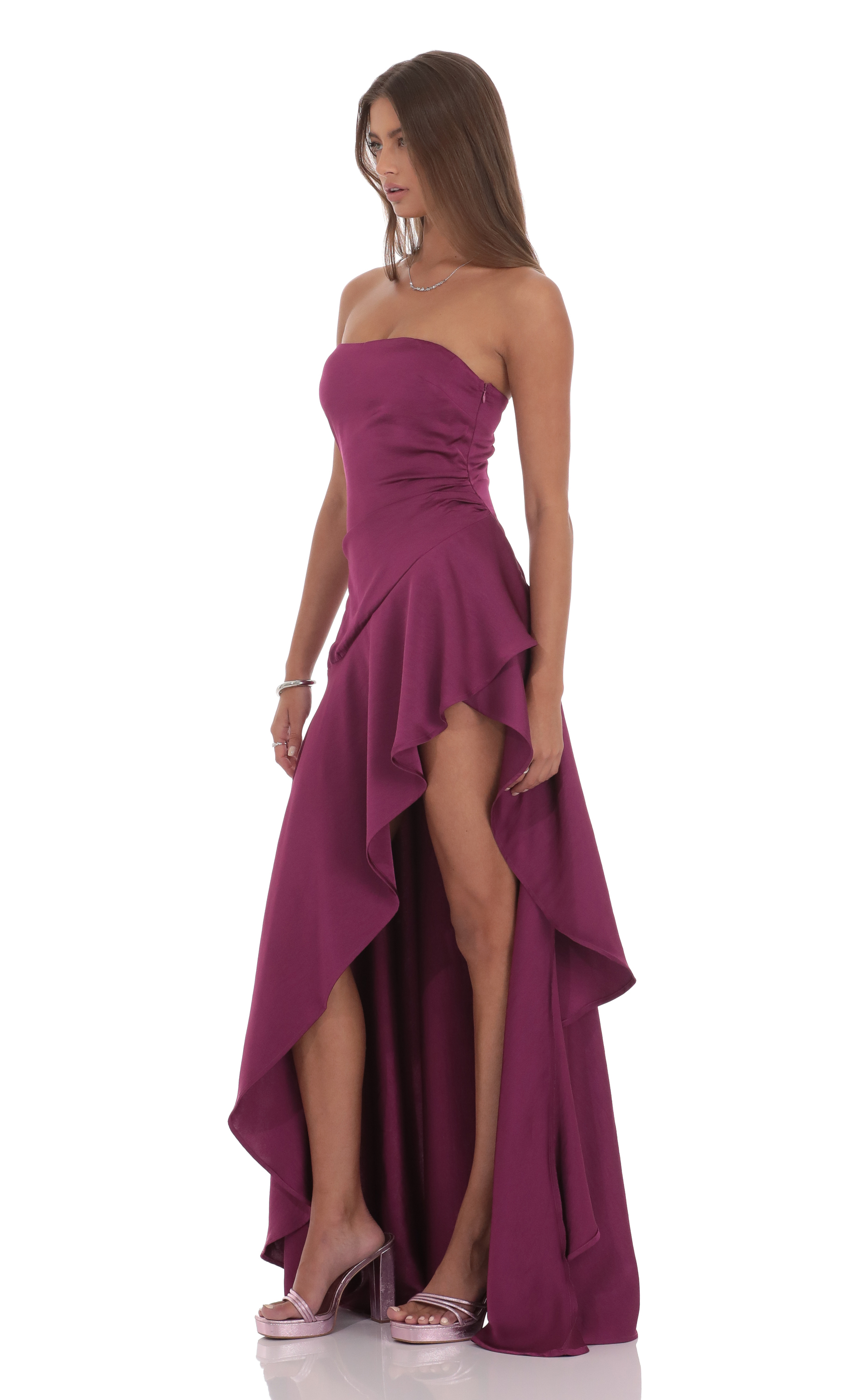 Satin High Low Maxi Dress in Plum - view 3