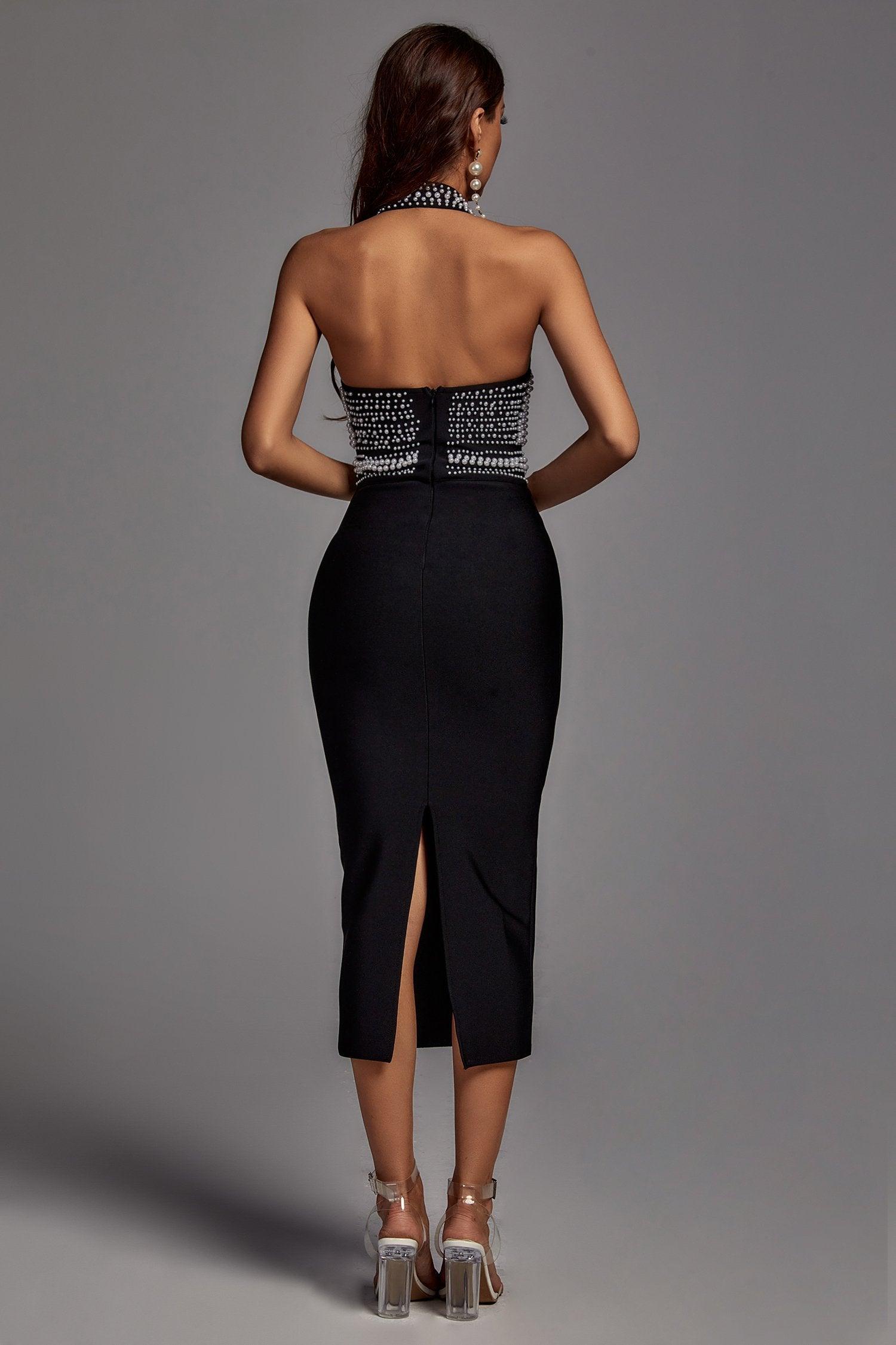 Cornelia Pearl Halter Bandage Dress - Black - Bellabarnett