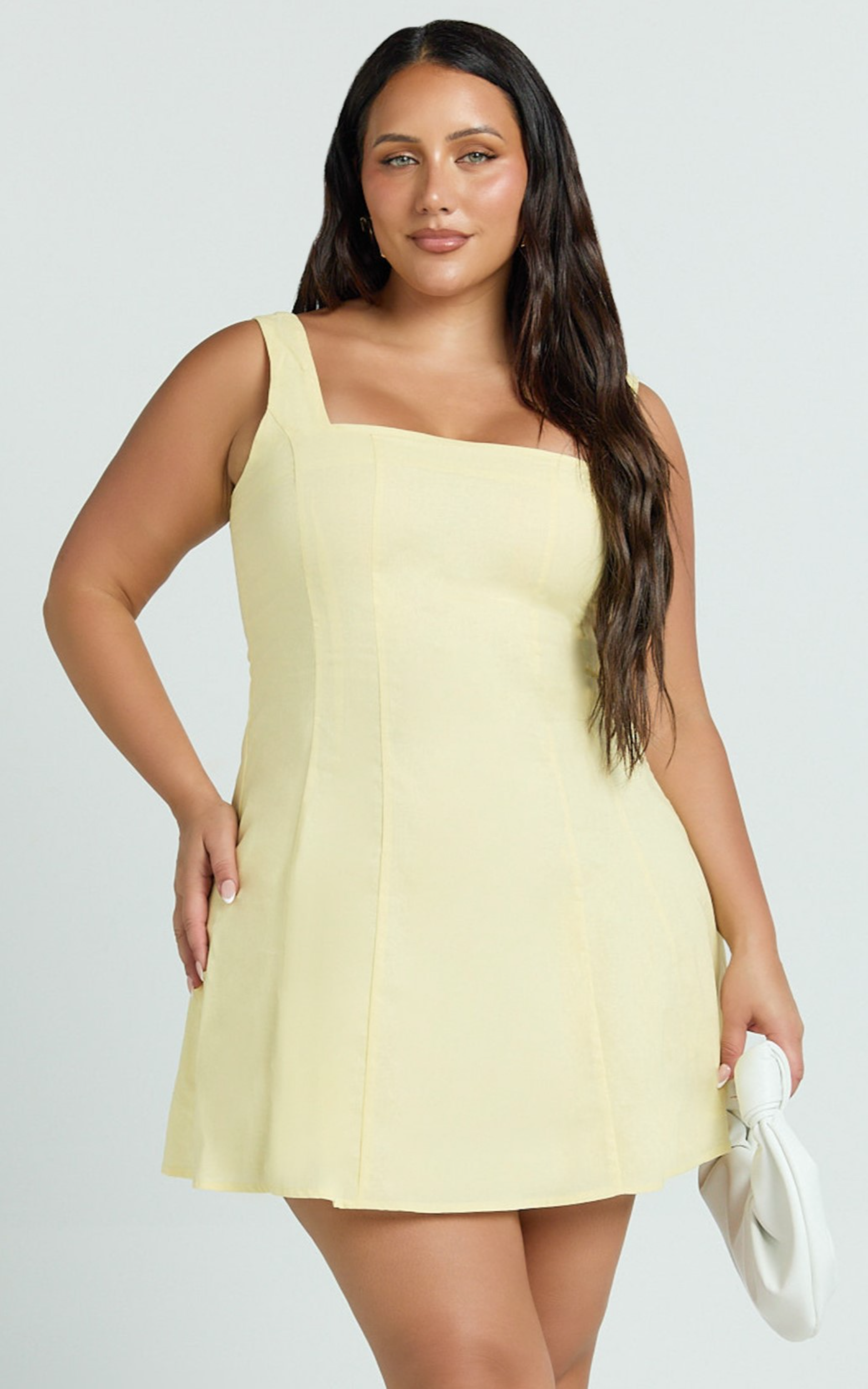 Adiana Mini Dress - Linen Square Neck Shirred Back A Line Dress in Lemon - View 2