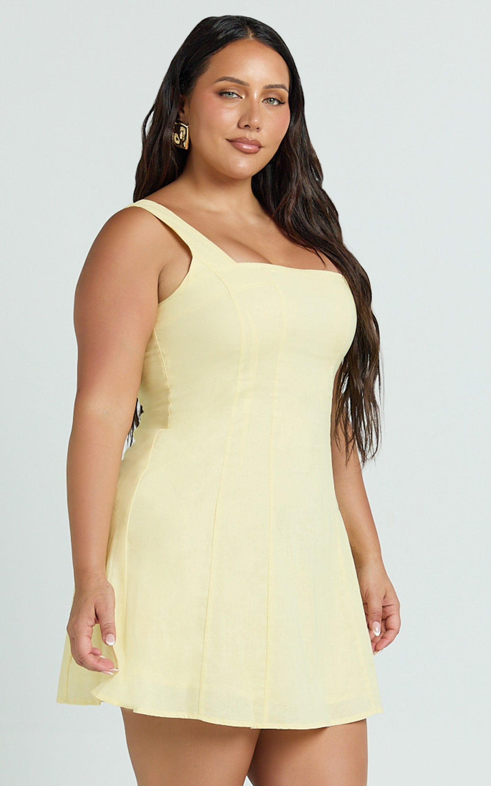 Adiana Mini Dress - Linen Square Neck Shirred Back A Line Dress in Lemon - View 6