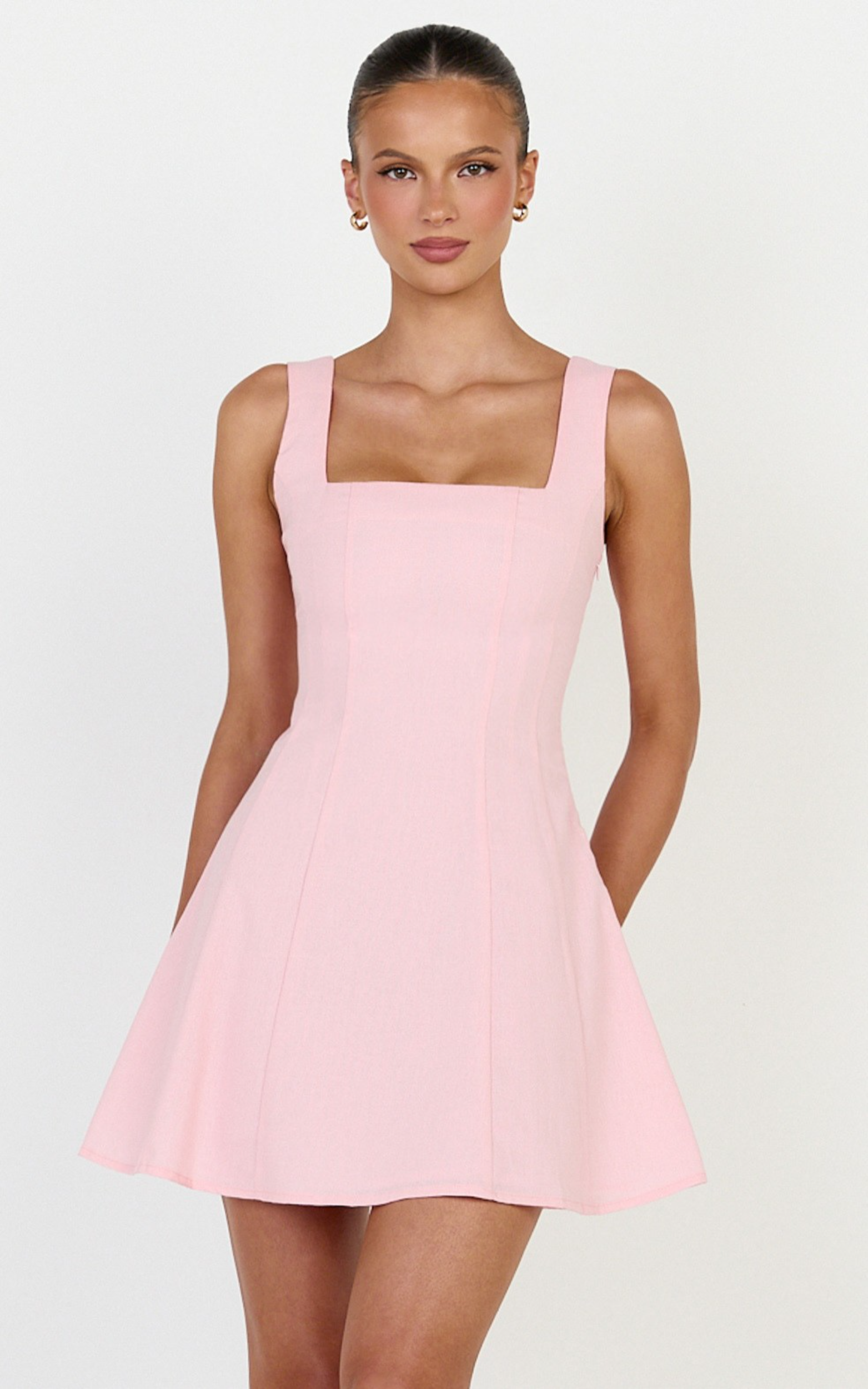 Adiana Mini Dress - Linen Square Neck Shirred Back A Line Dress in Pink - View 1