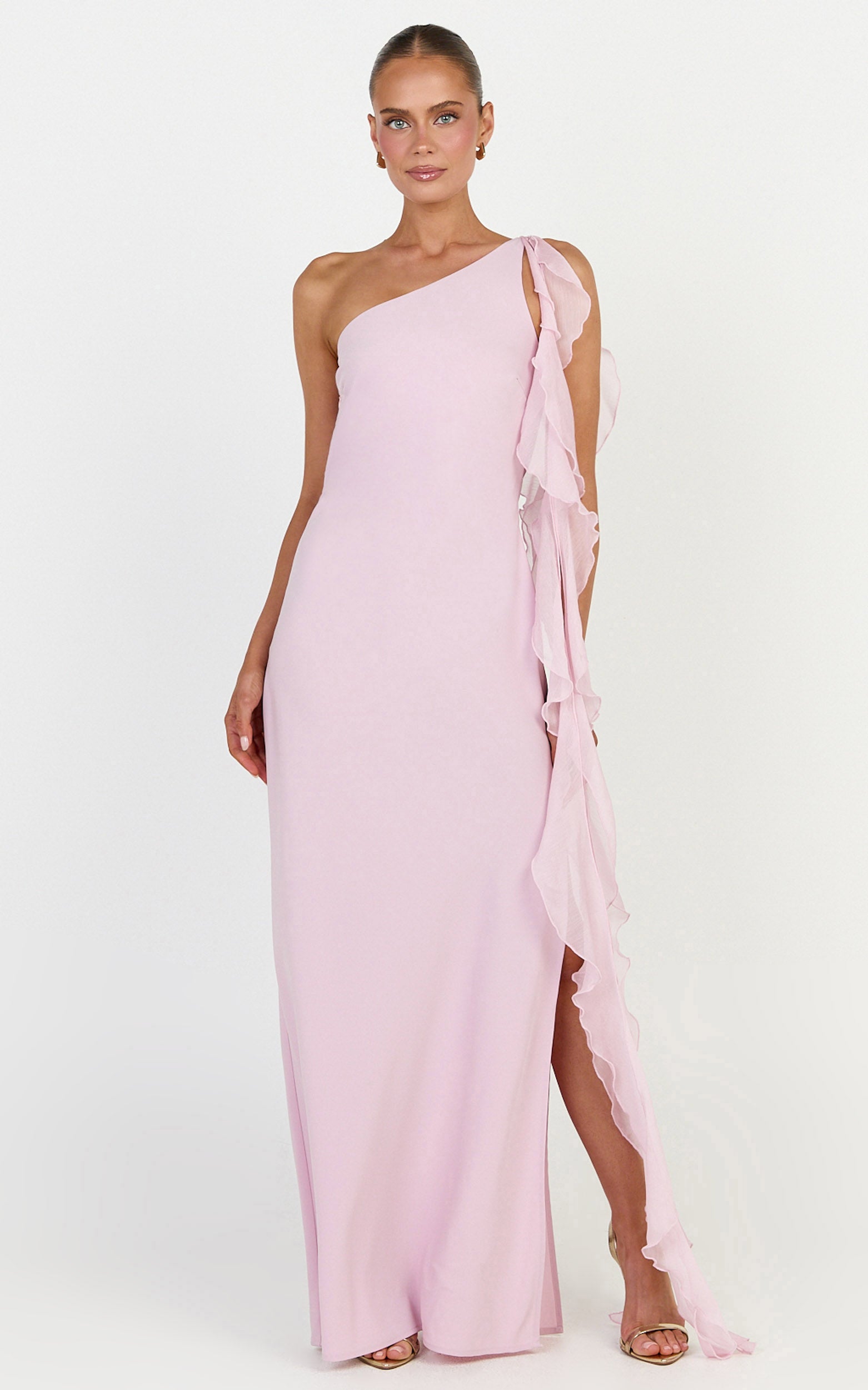 Alani Maxi Dress - Backless One Shoulder Flounce Detail Dress in Pink - View 3