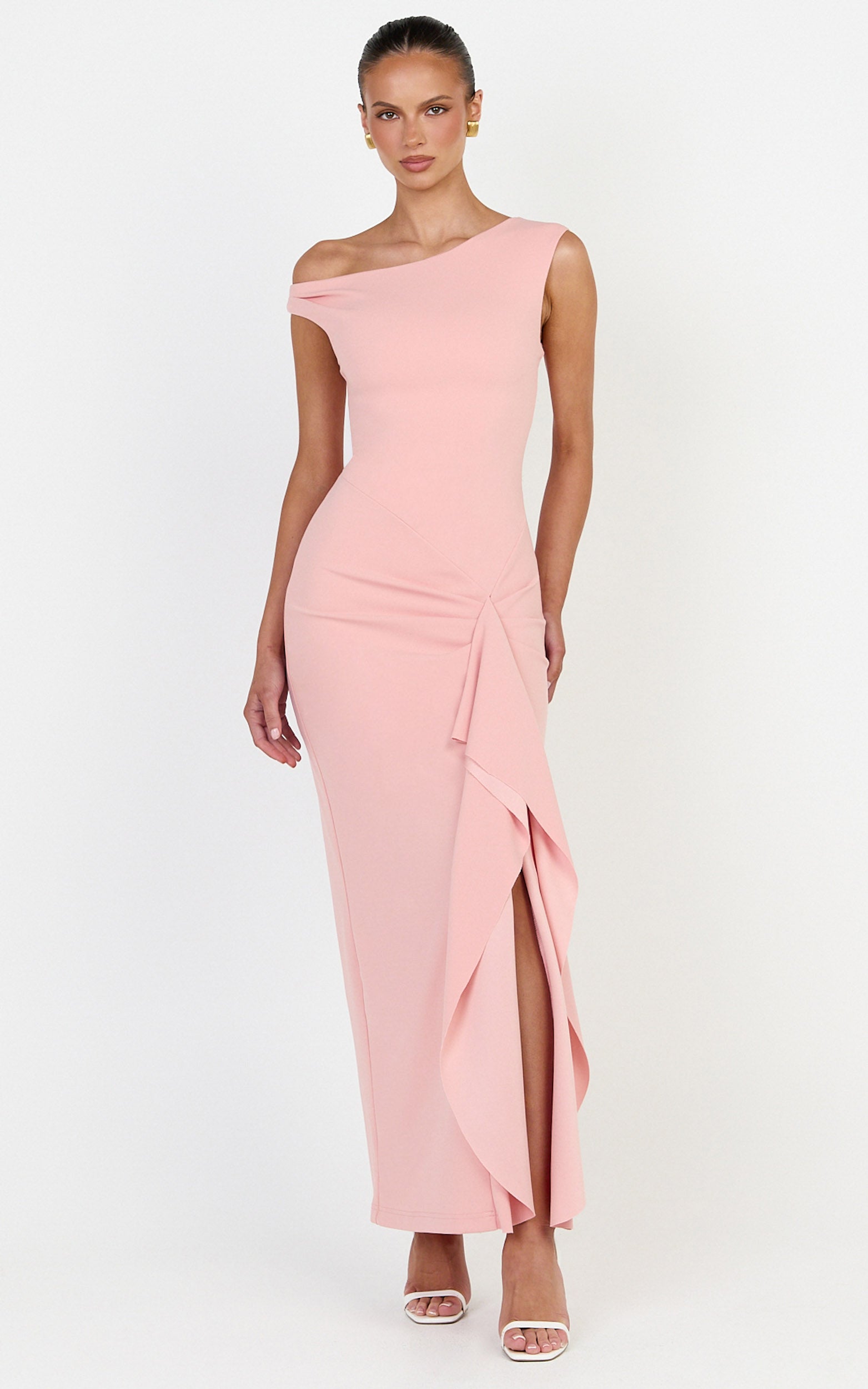 Alba Maxi Dress - Off Shoulder Waterfall Sash Dress in Pink - View 1