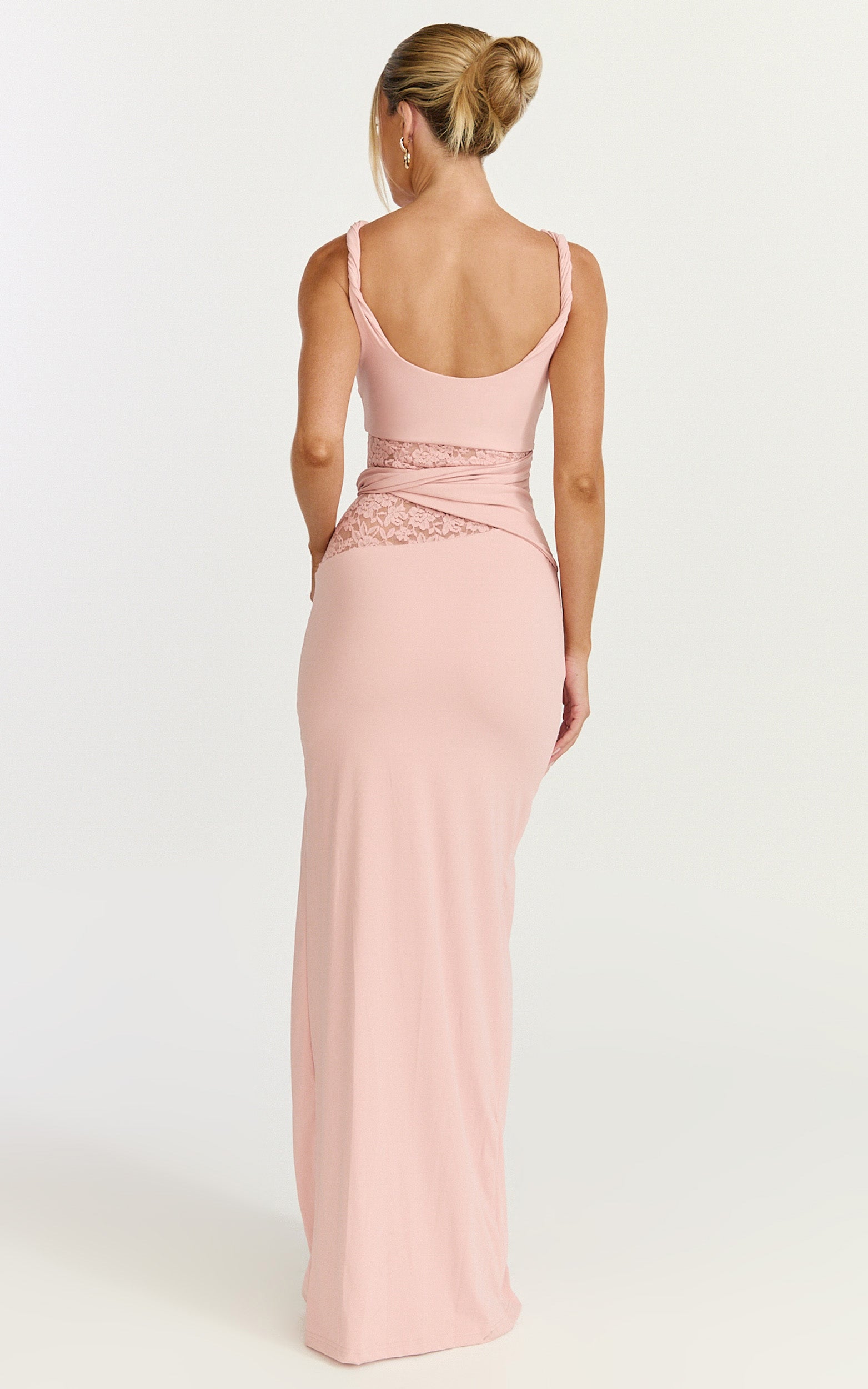 Alberta Maxi Dress - Spliced Sheer Lace Column Dress in Pink - View 8