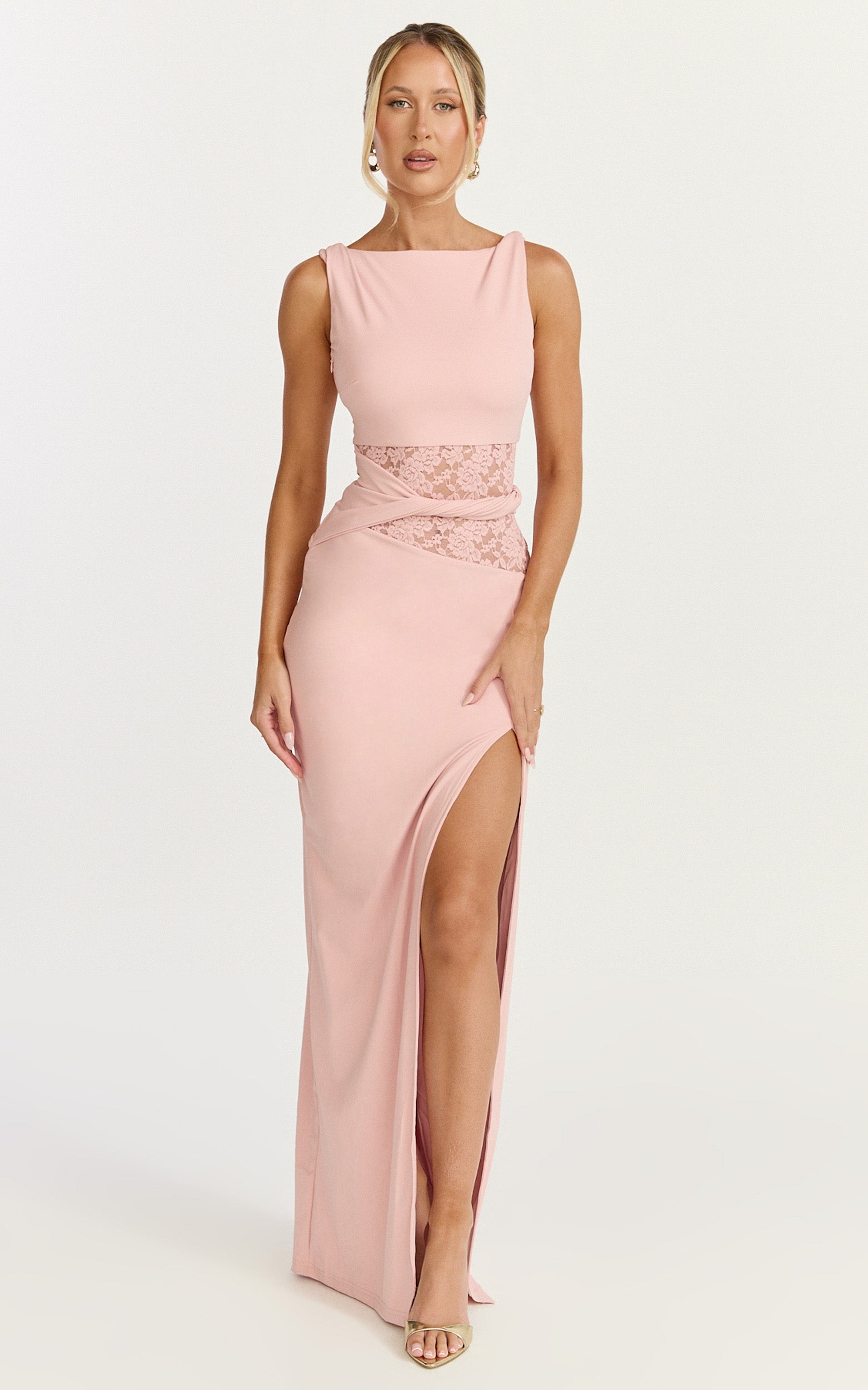 Alberta Maxi Dress - Spliced Sheer Lace Column Dress in Pink - View 5