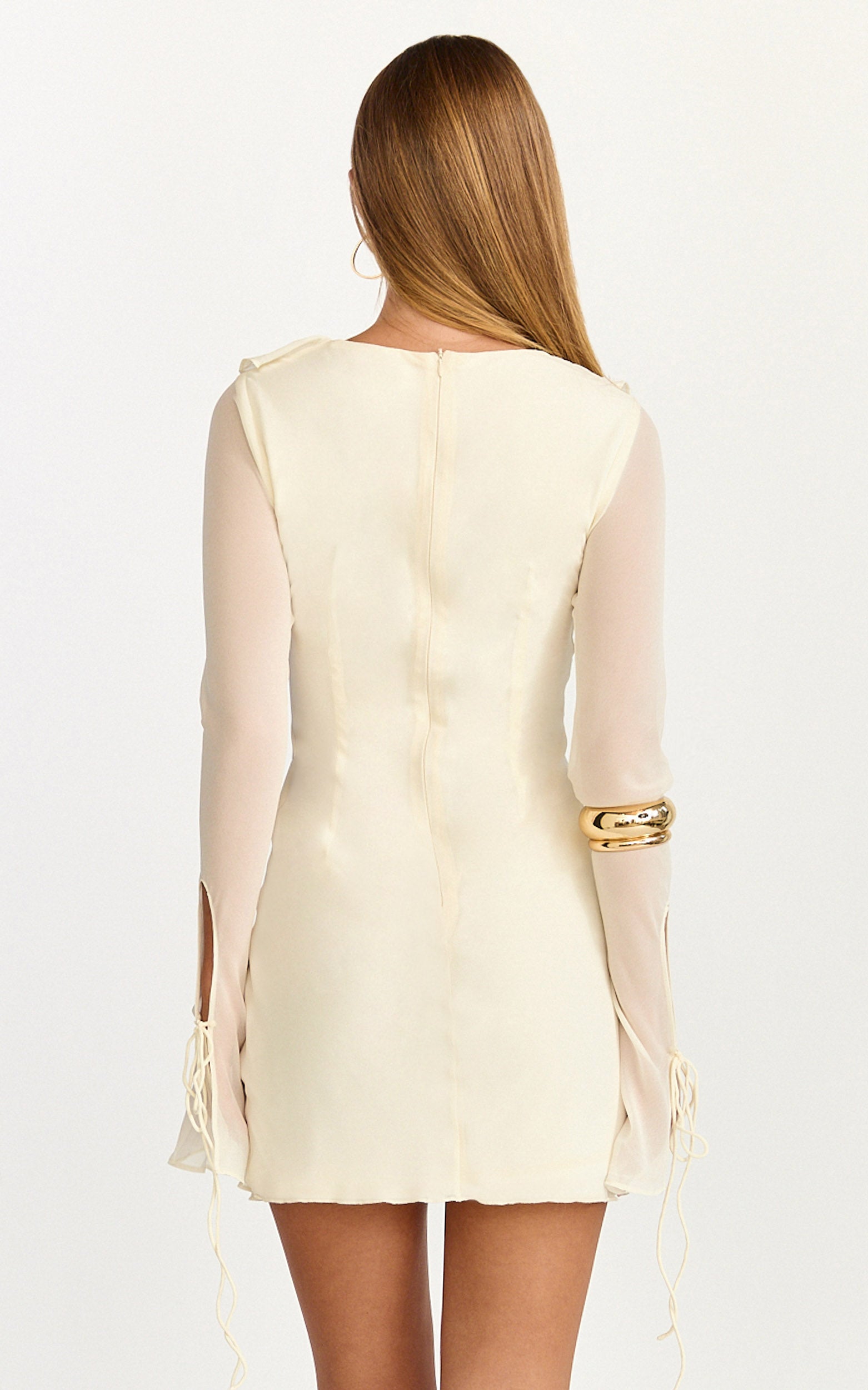 Alesya Mini Dress - Ruffle Plunge Neck Long Sleeve Tie Detail Dress in Cream - View 5