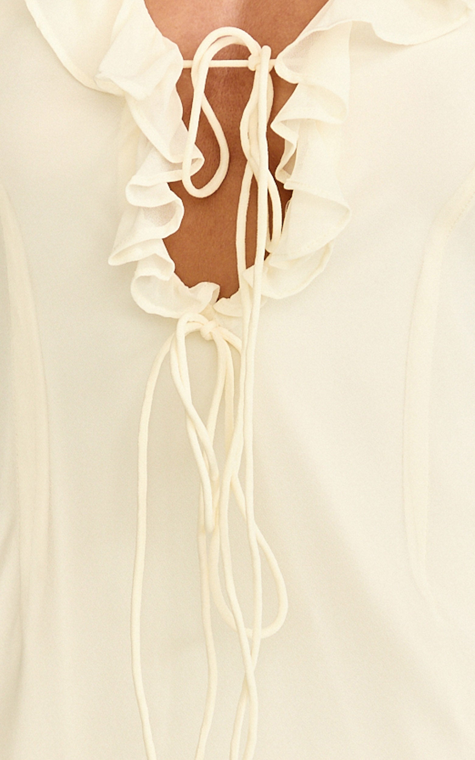 Alesya Mini Dress - Ruffle Plunge Neck Long Sleeve Tie Detail Dress in Cream - View 6