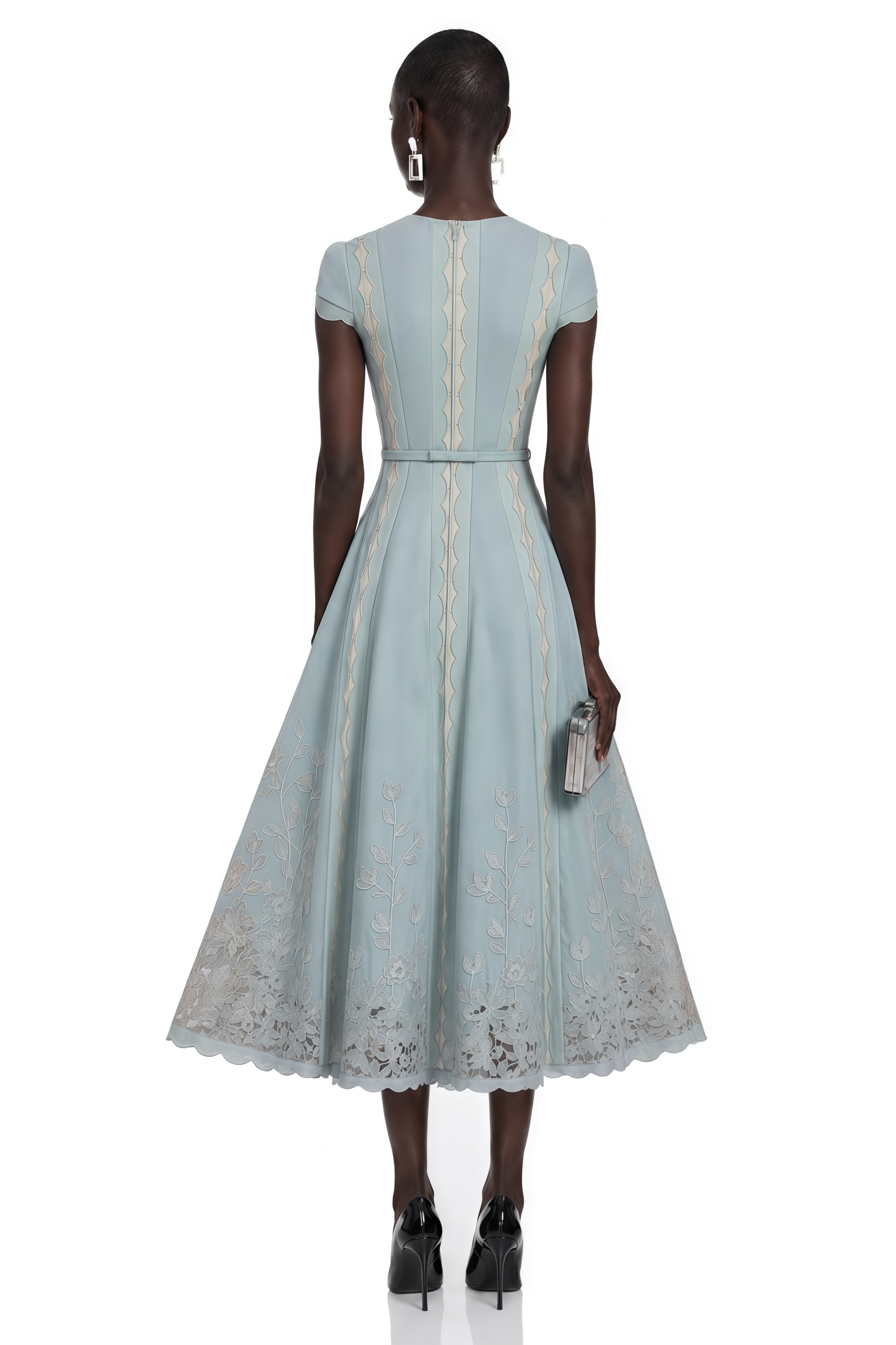 Amália Blue Scalloped Floral Embroidered Midi Dress