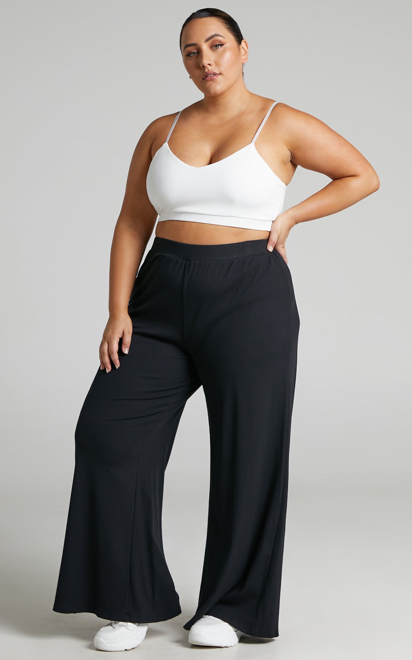Amalthea Pants - High Waisted Jersey Rib Wide Leg Pants in Black - View 9