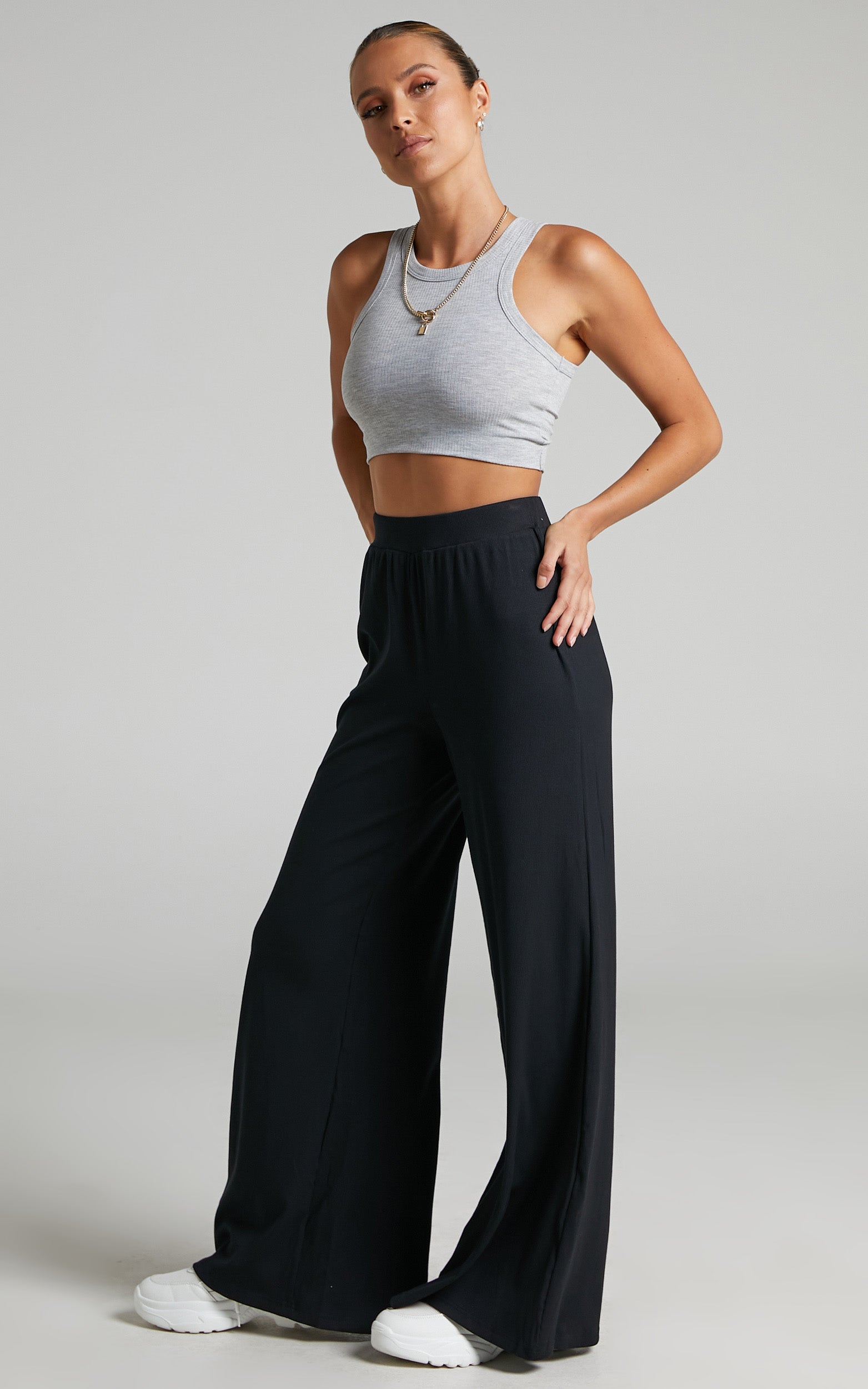 Amalthea Pants - High Waisted Jersey Rib Wide Leg Pants in Black - View 4