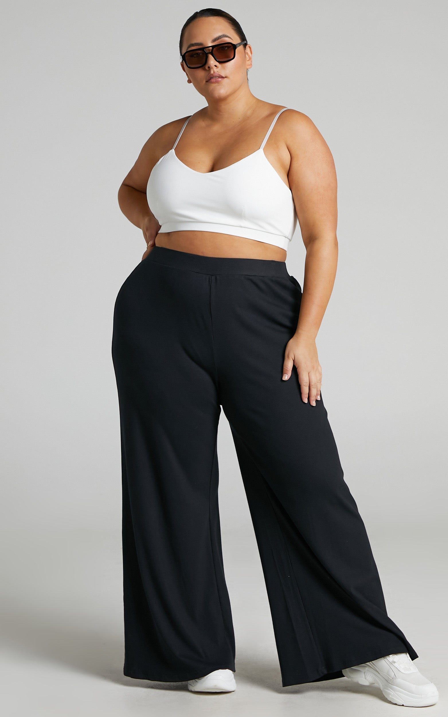 Amalthea Pants - High Waisted Jersey Rib Wide Leg Pants in Black - View 8