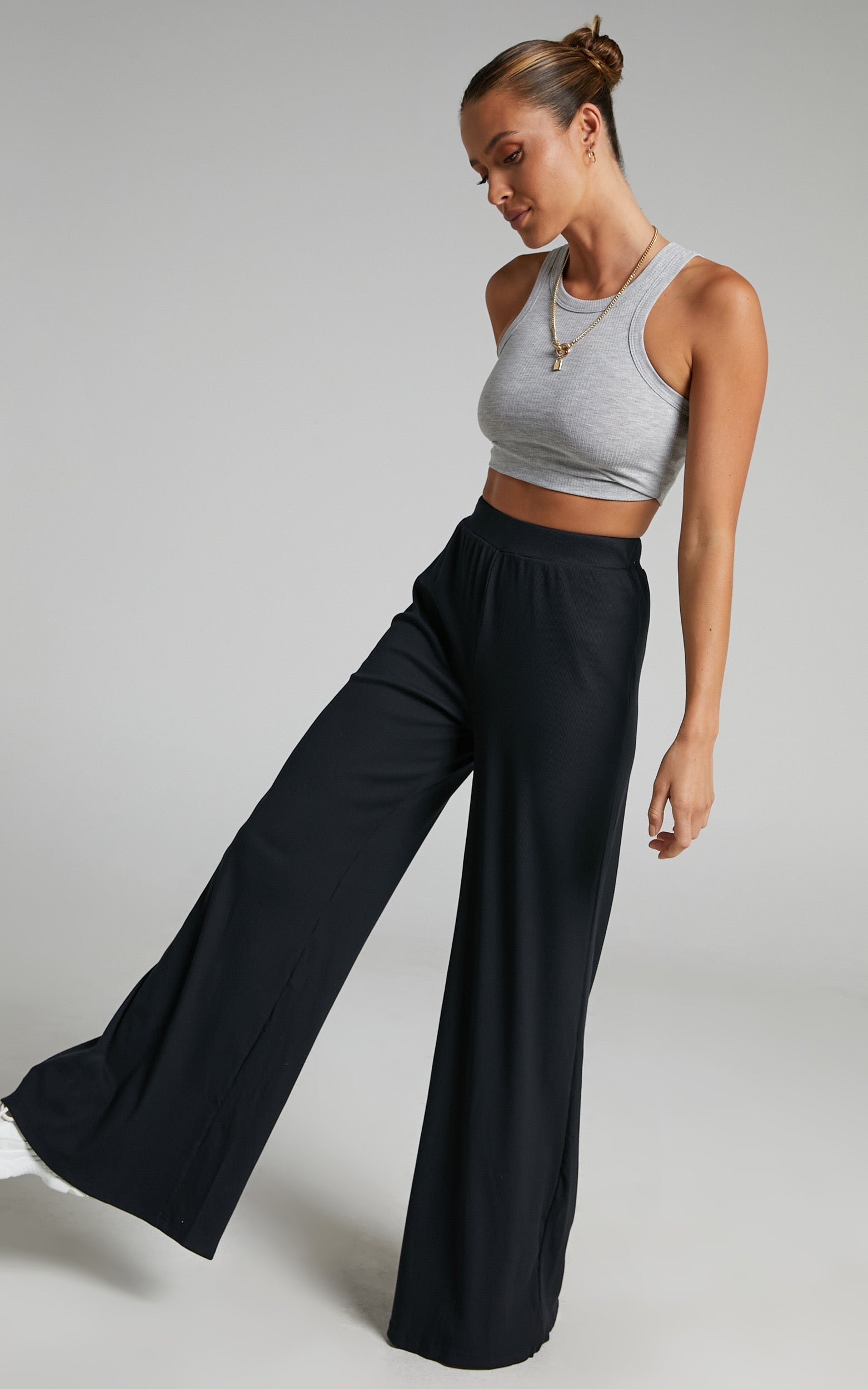 Amalthea Pants - High Waisted Jersey Rib Wide Leg Pants in Black - View 2