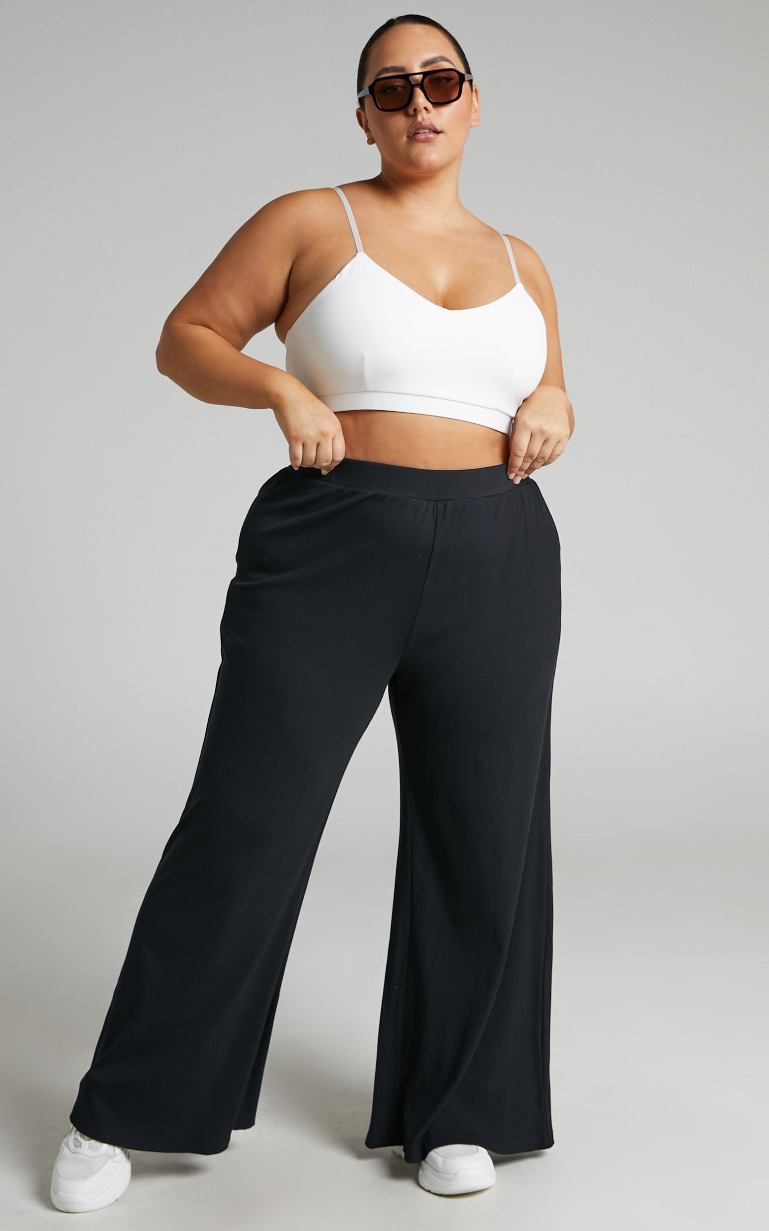 Amalthea Pants - High Waisted Jersey Rib Wide Leg Pants in Black - View 3