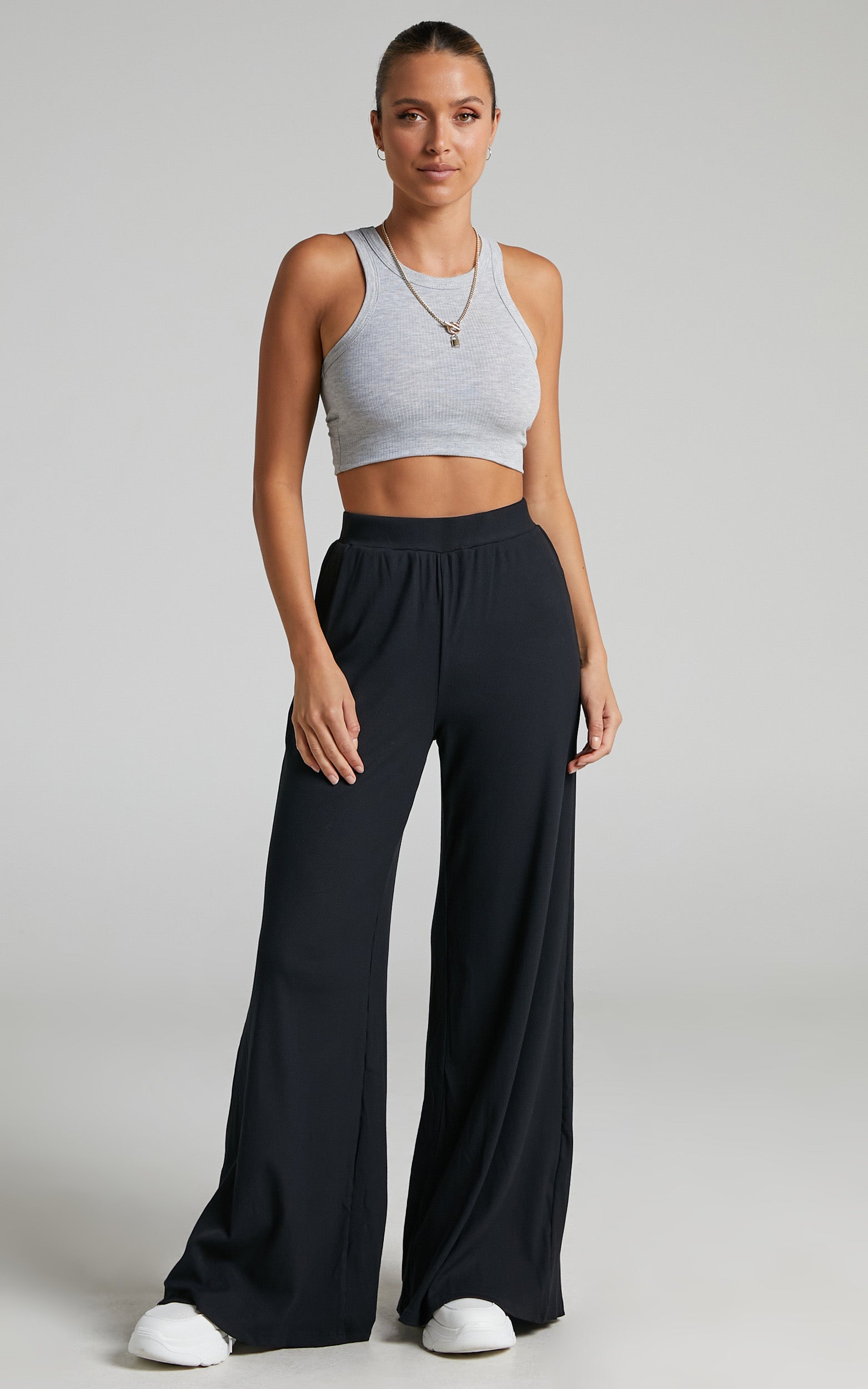 Amalthea Pants - High Waisted Jersey Rib Wide Leg Pants in Black - View 1