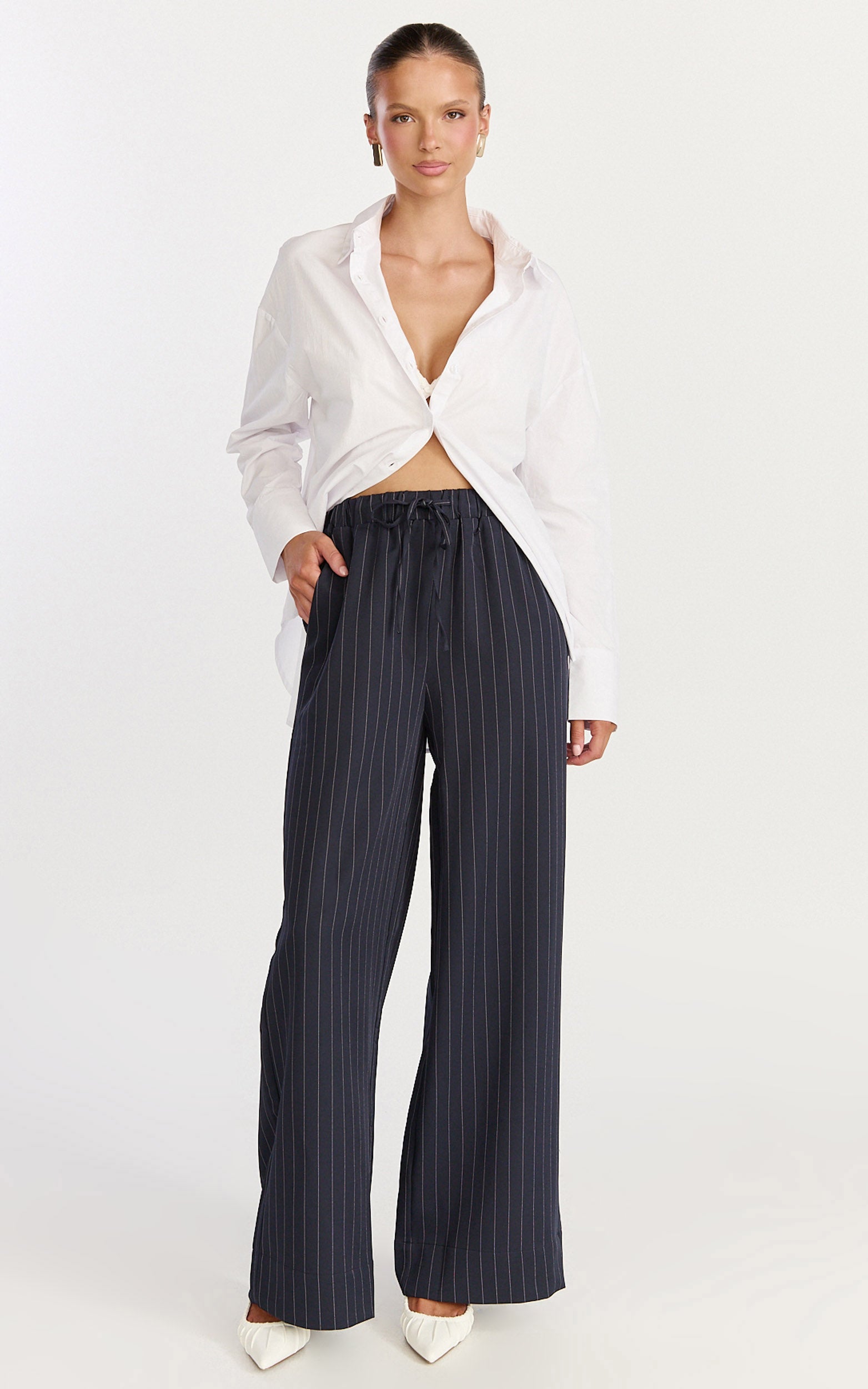Amara Pants - High Waist Wide Leg Stripe Pants in Navy - View 1