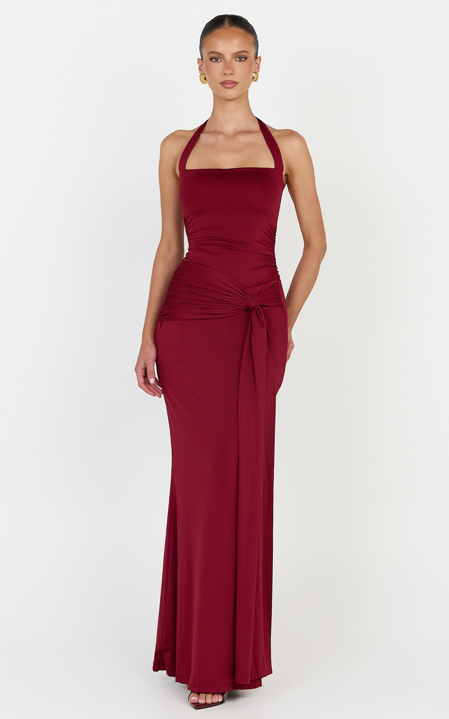 Amaya Maxi Dress - Draped Sash Halter Dress in Burgundy - View 1