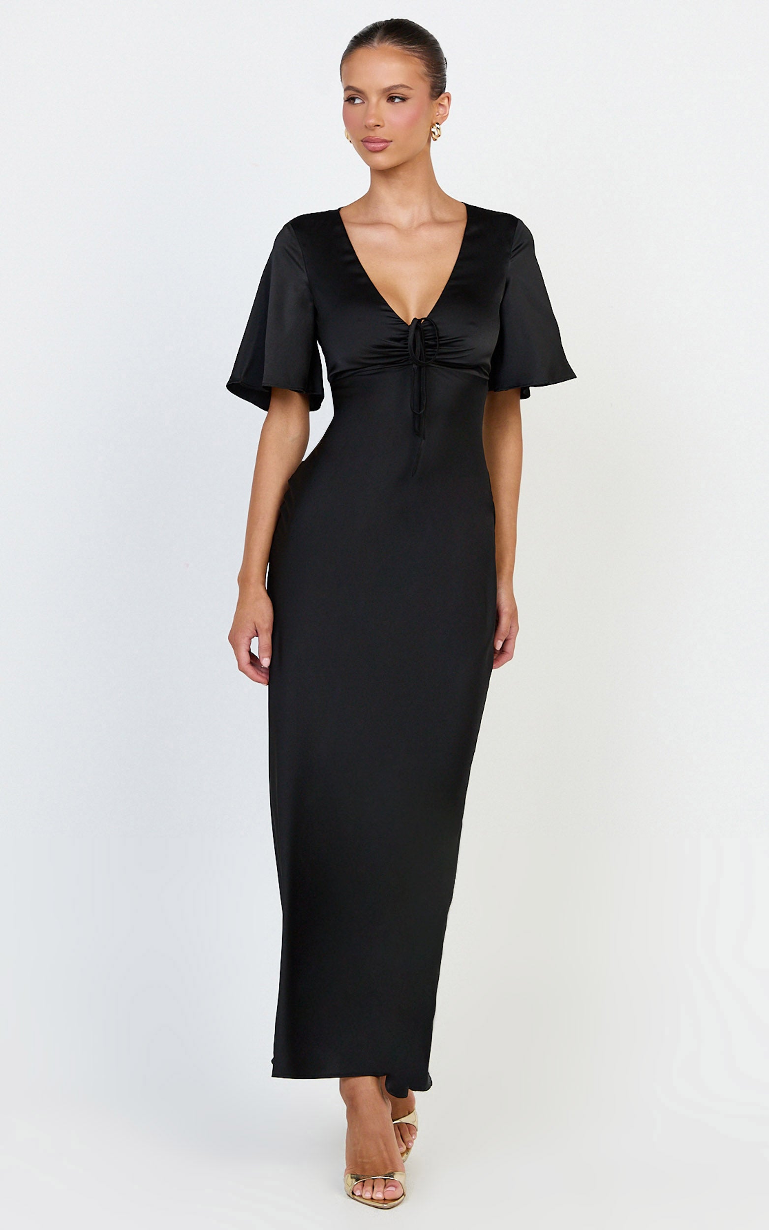 Amelie Maxi Dress - Ruched Front Angel Sleeve Satin Dress in Black - View 1