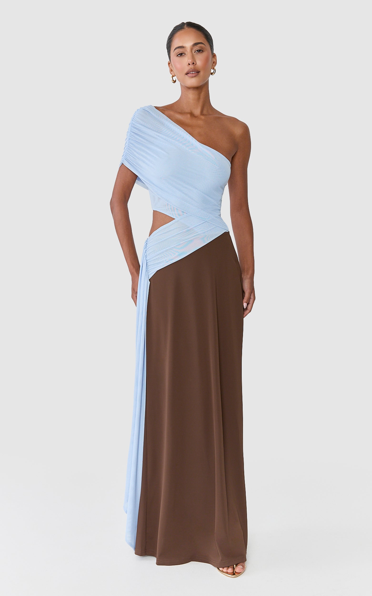 Arielle Maxi Dress - One Shoulder Sash Detail Cut Out Colour Block Dress in Blue/Chocolate Contrast - View 3