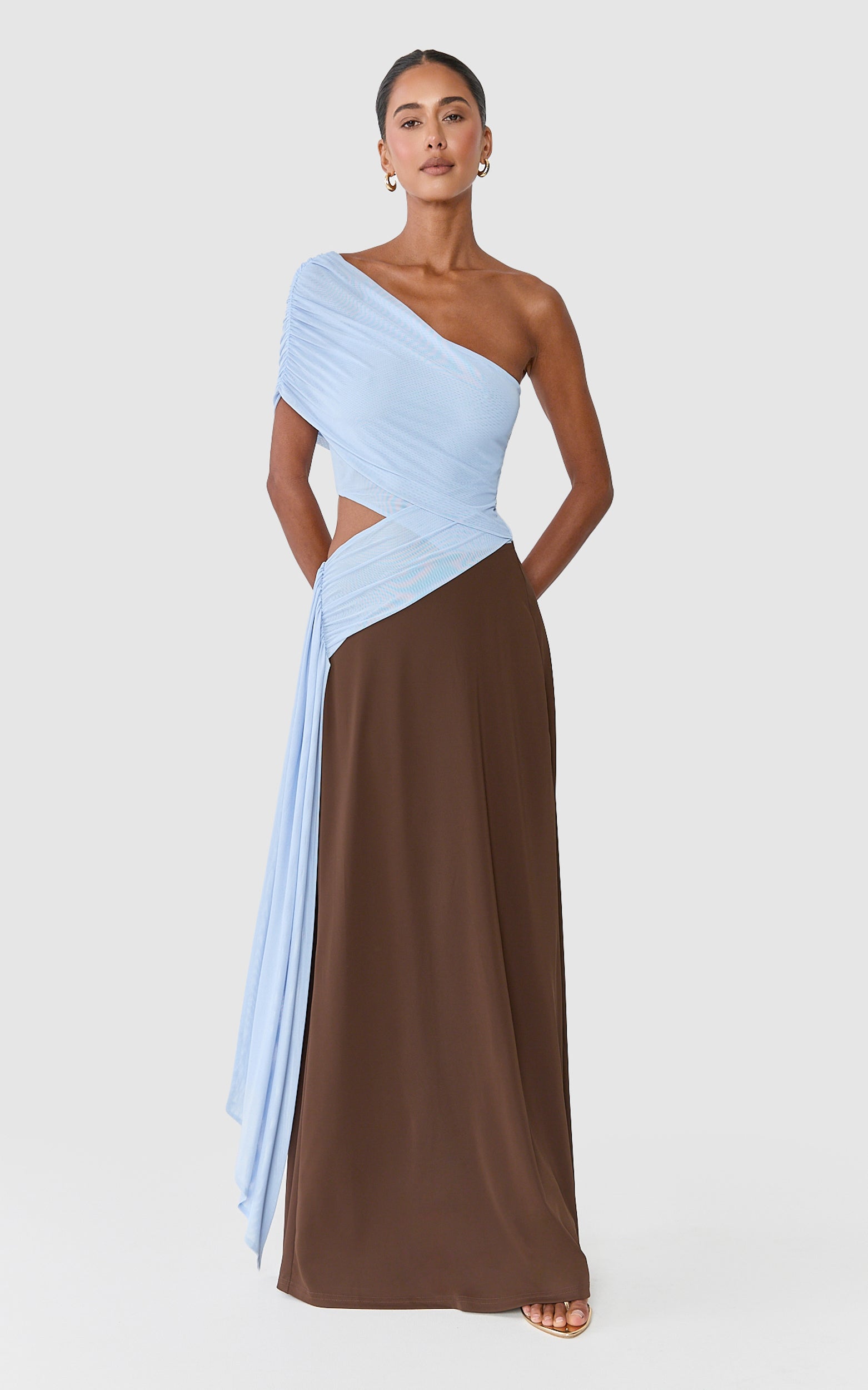 Arielle Maxi Dress - One Shoulder Sash Detail Cut Out Colour Block Dress in Blue/Chocolate Contrast - View 2