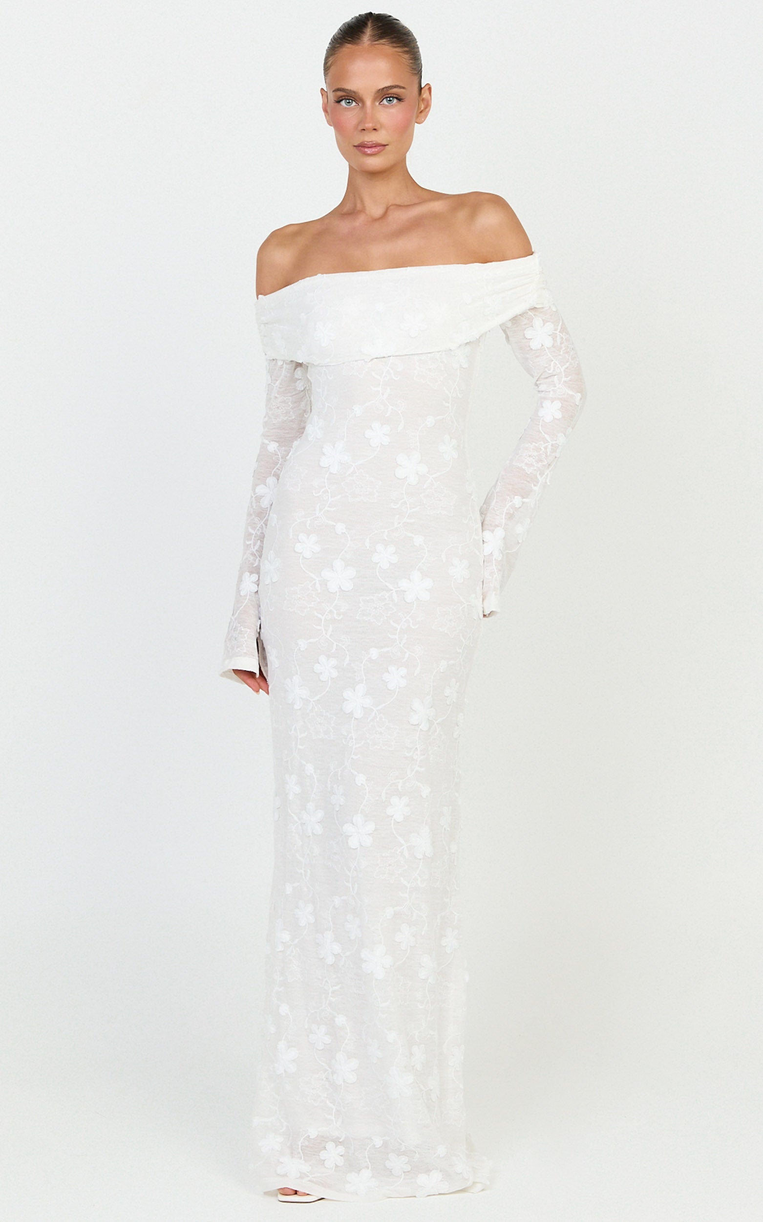 Aurelle Maxi Dress - Off Shoulder Floral Embroidered Dress in Ivory - View 1