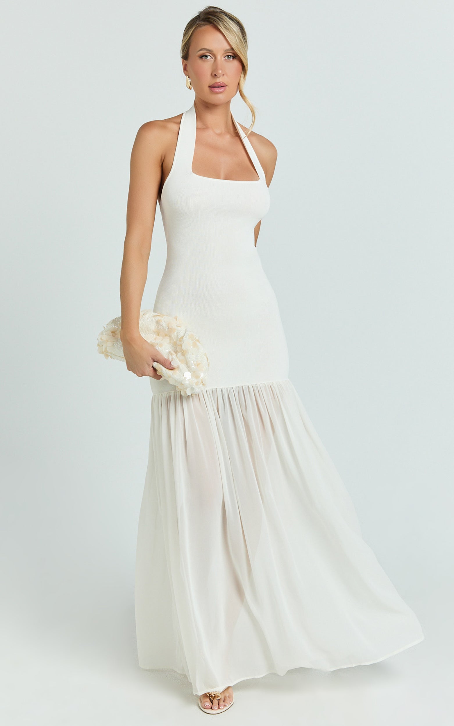 Barbara Maxi Dress - Halter Scoop Neck Contrast Georgette Dress in Ivory - View 1