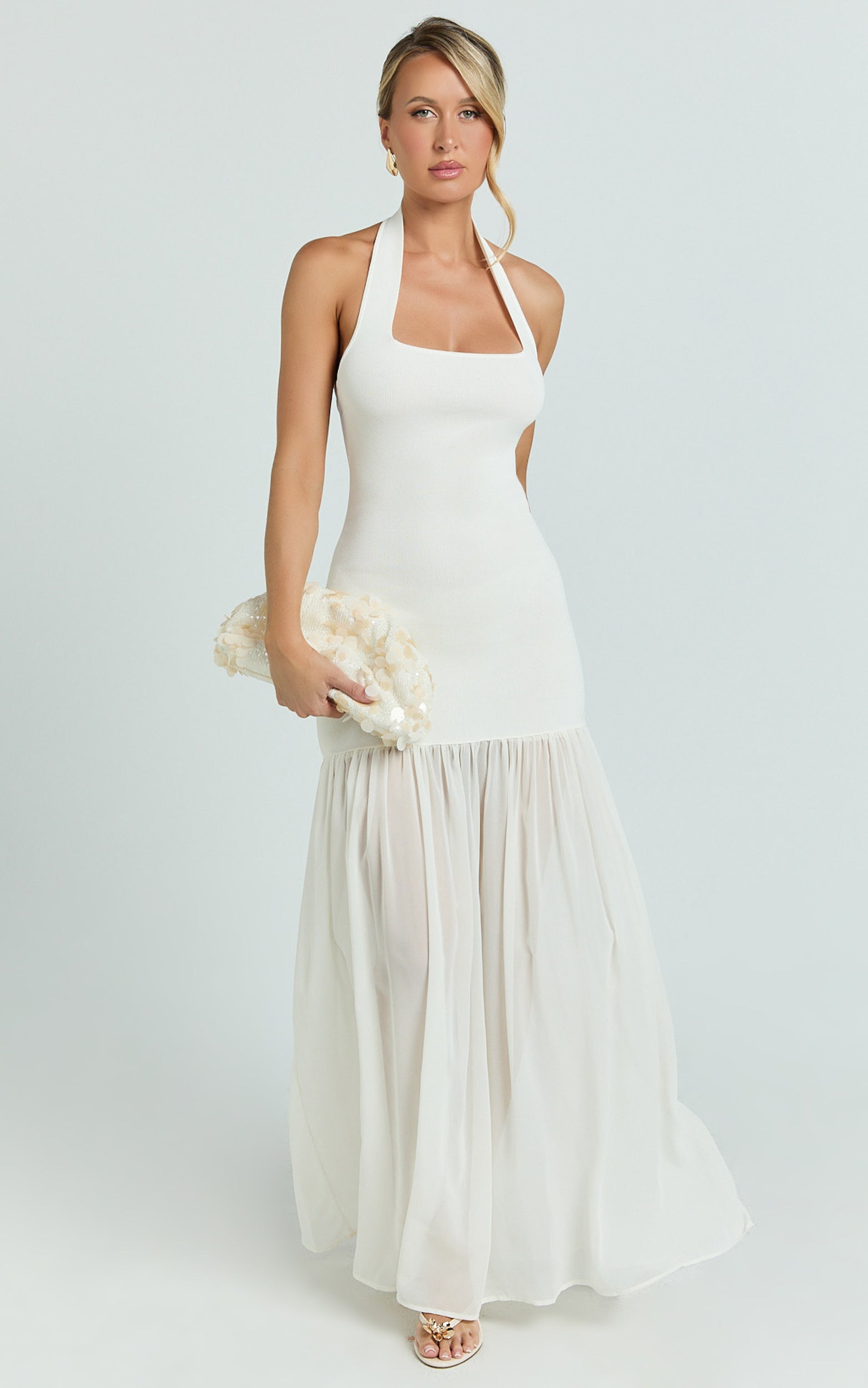 Barbara Maxi Dress - Halter Scoop Neck Contrast Georgette Dress in Ivory - View 4