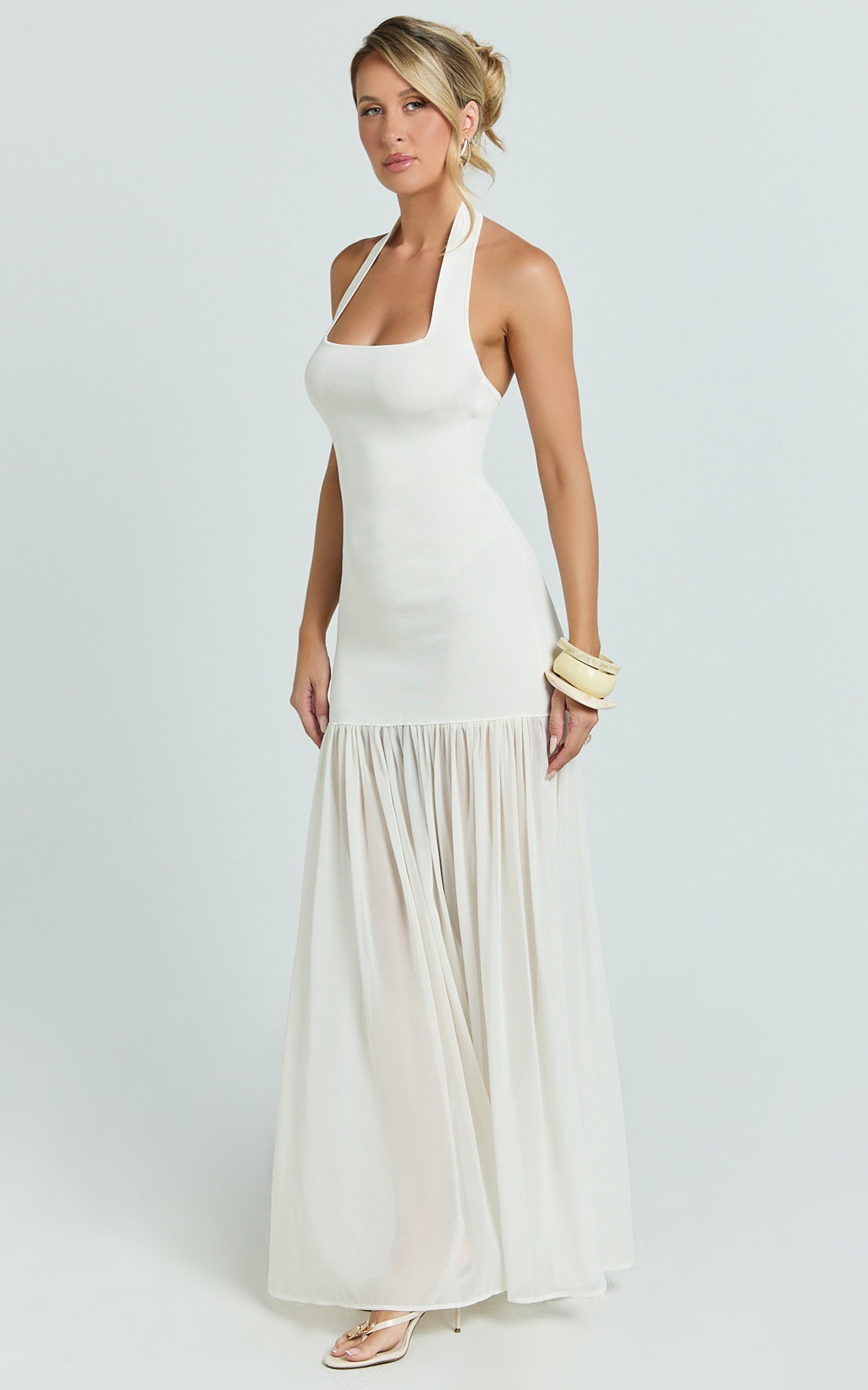 Barbara Maxi Dress - Halter Scoop Neck Contrast Georgette Dress in Ivory - View 2