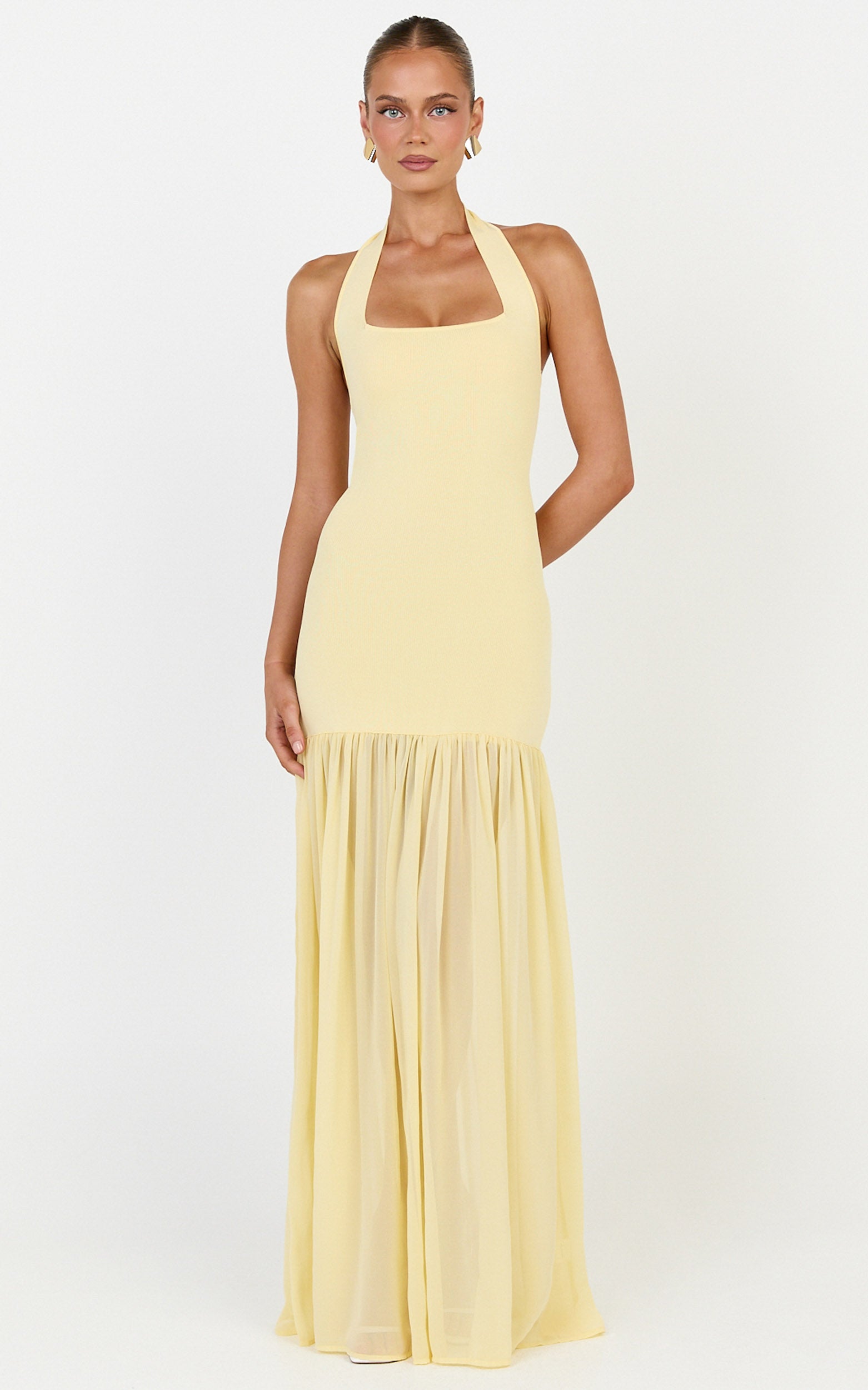 Barbara Maxi Dress - Halter Scoop Neck Contrast Georgette Dress in Lemon - View 2