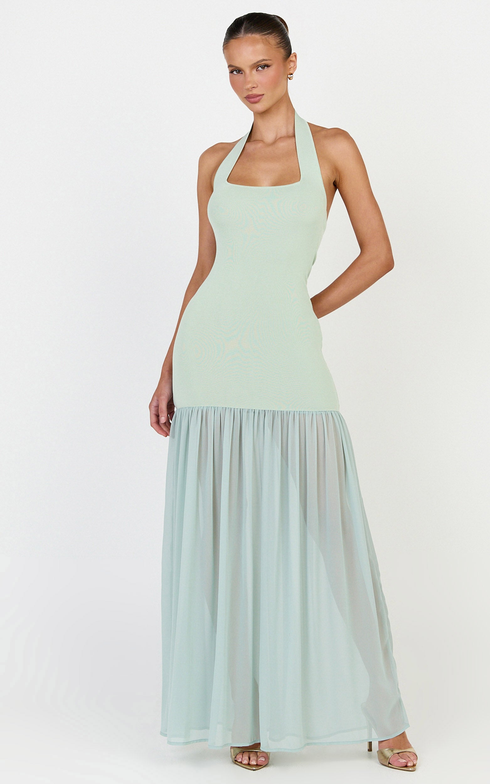 Barbara Maxi Dress - Halter Scoop Neck Contrast Georgette Dress in Sage - View 1