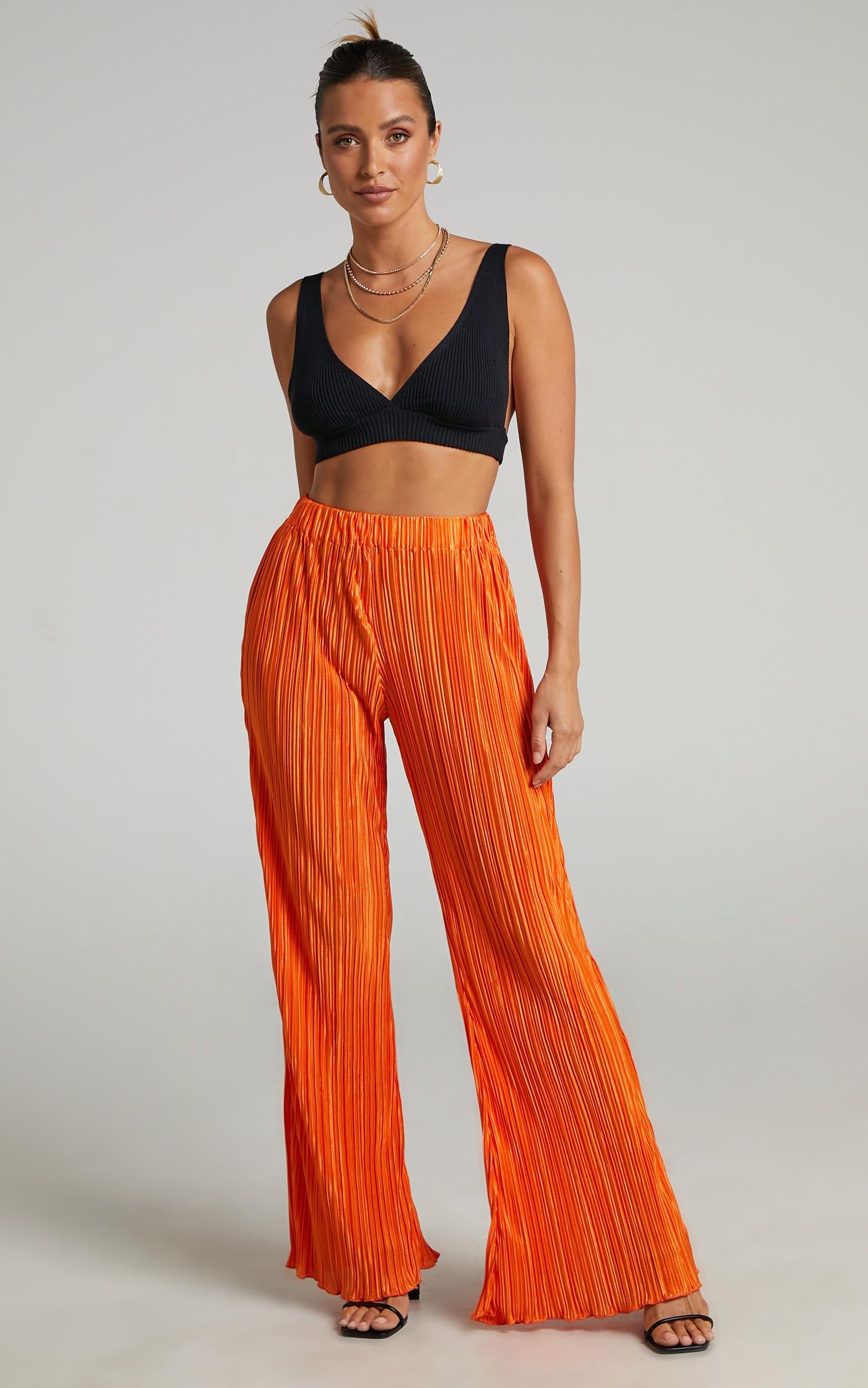 Beca Pants - High Waisted Plisse Flared Pants in Bright Orange - View 2