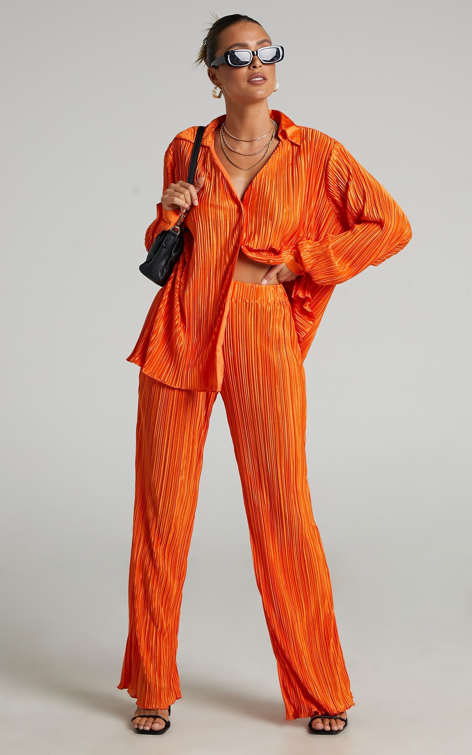 Beca Pants - High Waisted Plisse Flared Pants in Bright Orange - View 4