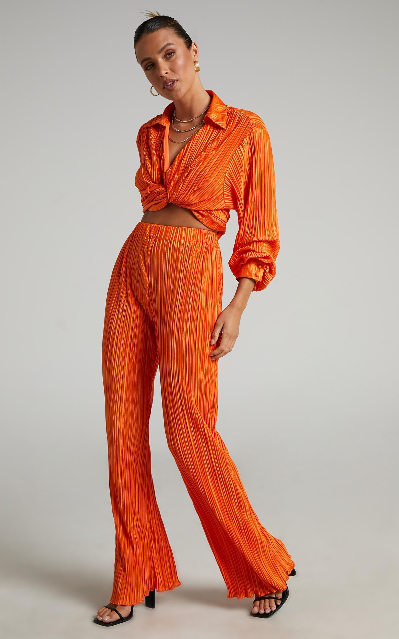 Beca Pants - High Waisted Plisse Flared Pants in Bright Orange - View 3