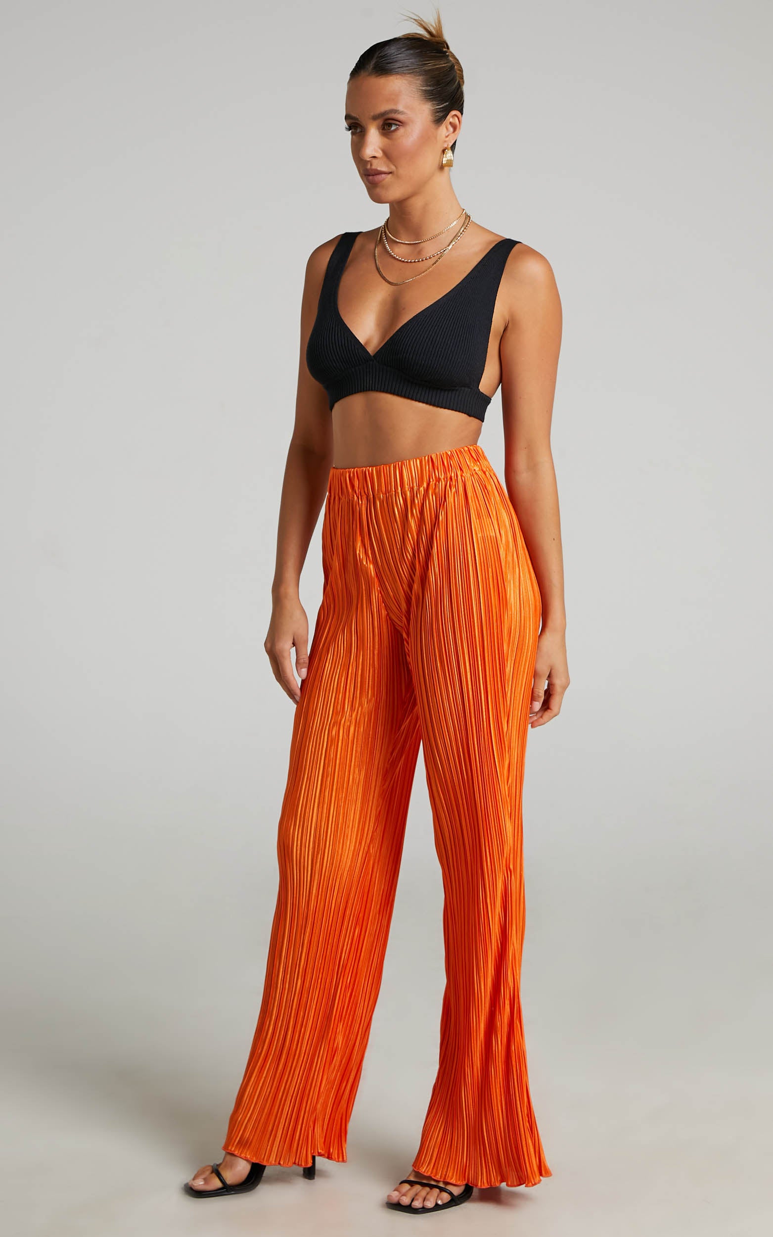 Beca Pants - High Waisted Plisse Flared Pants in Bright Orange - View 5