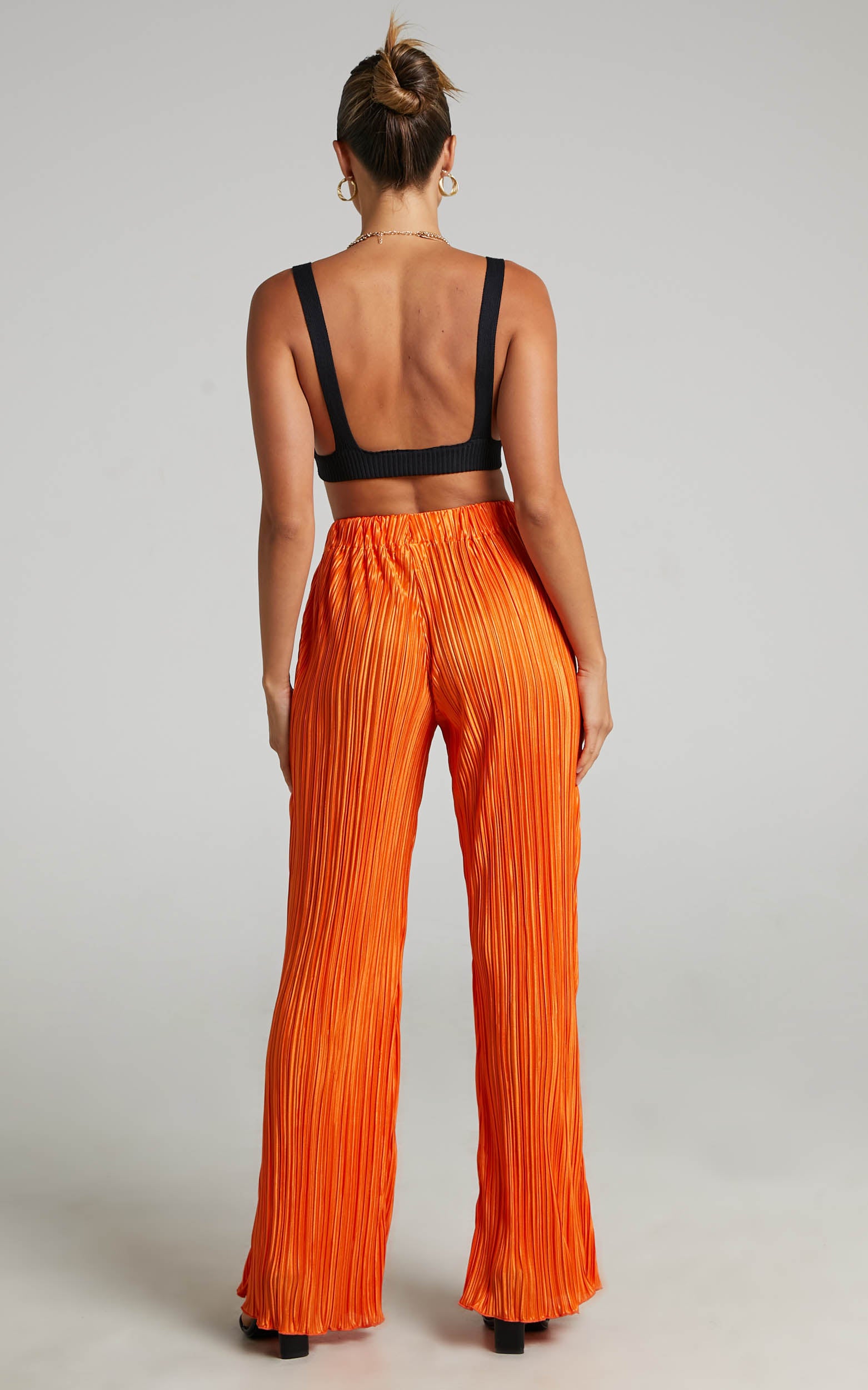Beca Pants - High Waisted Plisse Flared Pants in Bright Orange - View 6