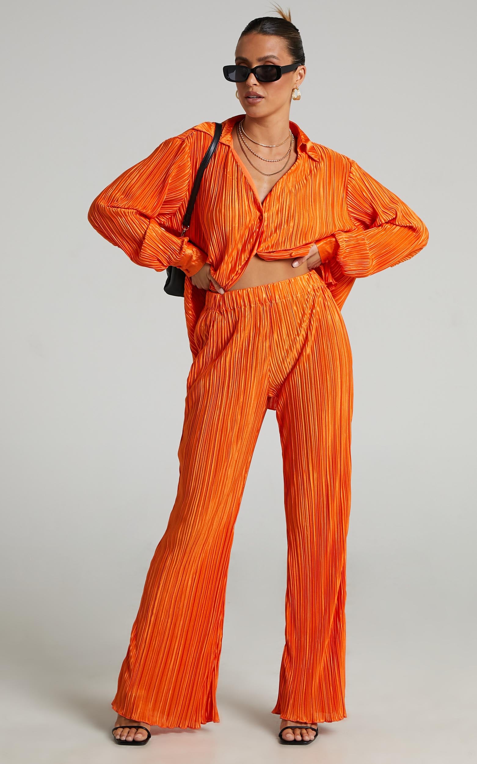 Beca Pants - High Waisted Plisse Flared Pants in Bright Orange - View 1