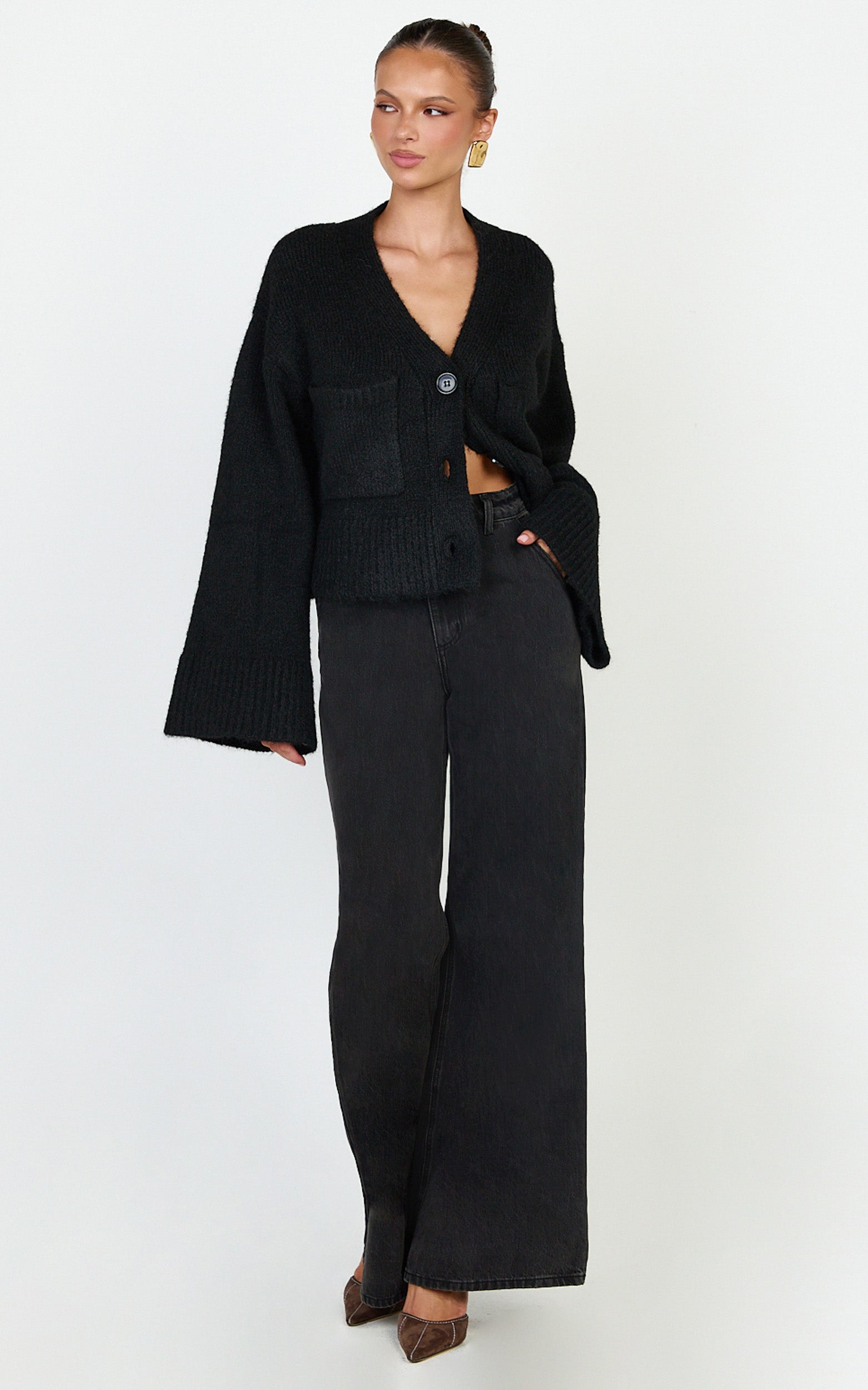 Becka Cardigan - Oversized Recycled Knitted Button Through Cardigan in Black - View 1