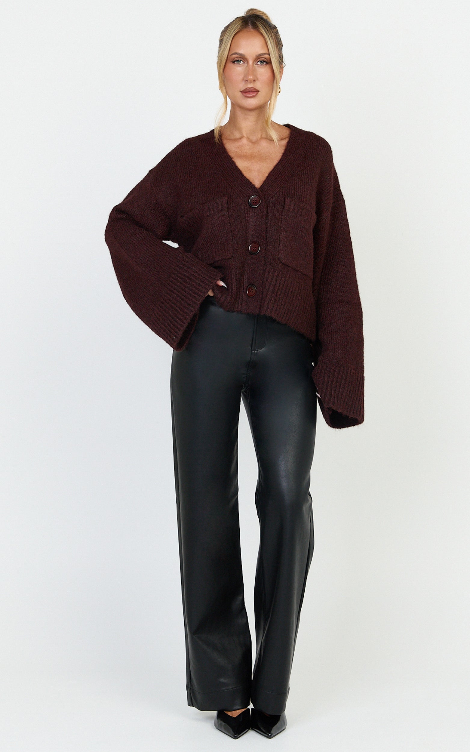 Becka Cardigan - Oversized Recycled Knitted Button Through Cardigan in Wine - View 1