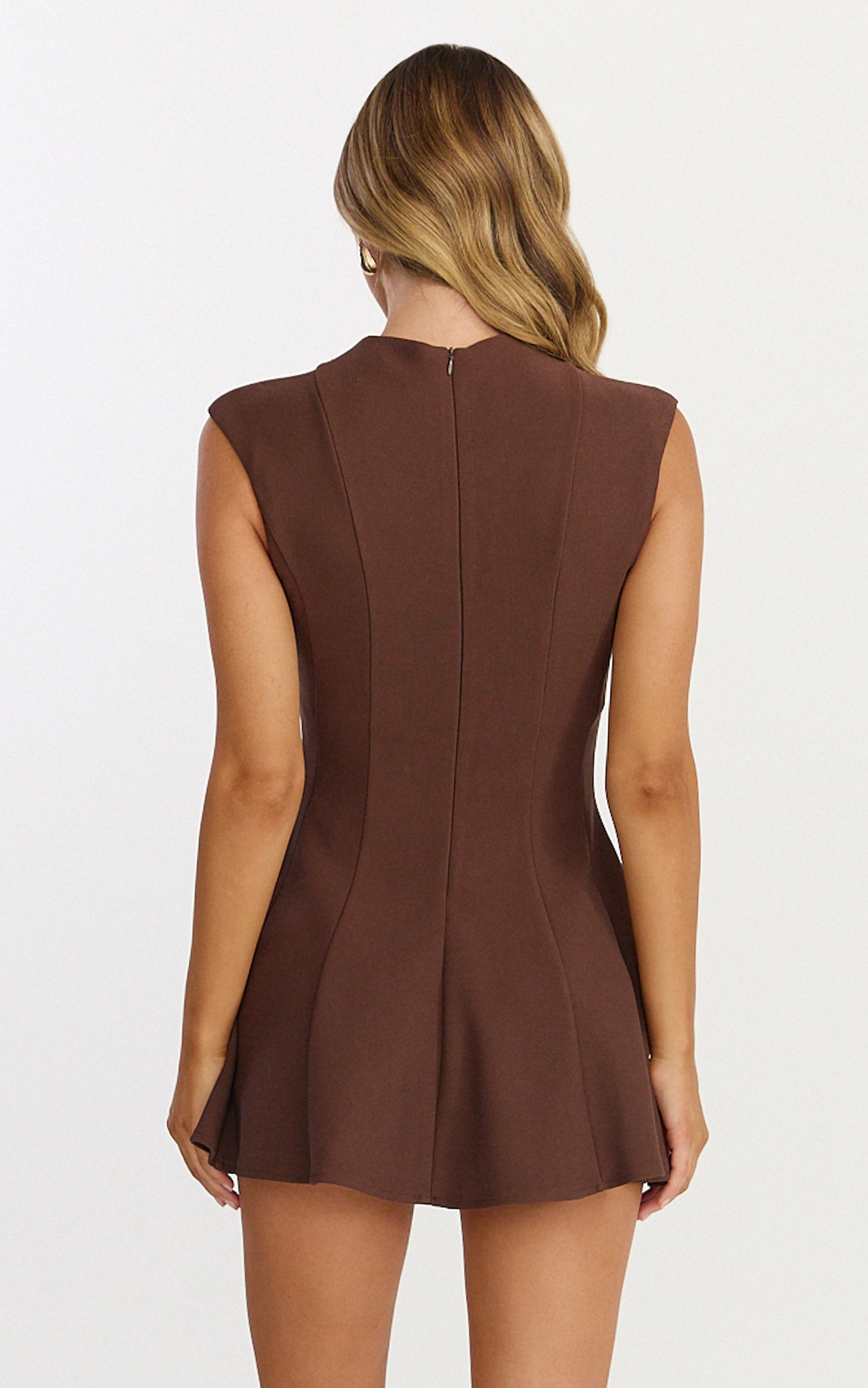 Becky Mini Dress - High Neck Sleeveless Fit And Flare Dress in Chocolate - View 5