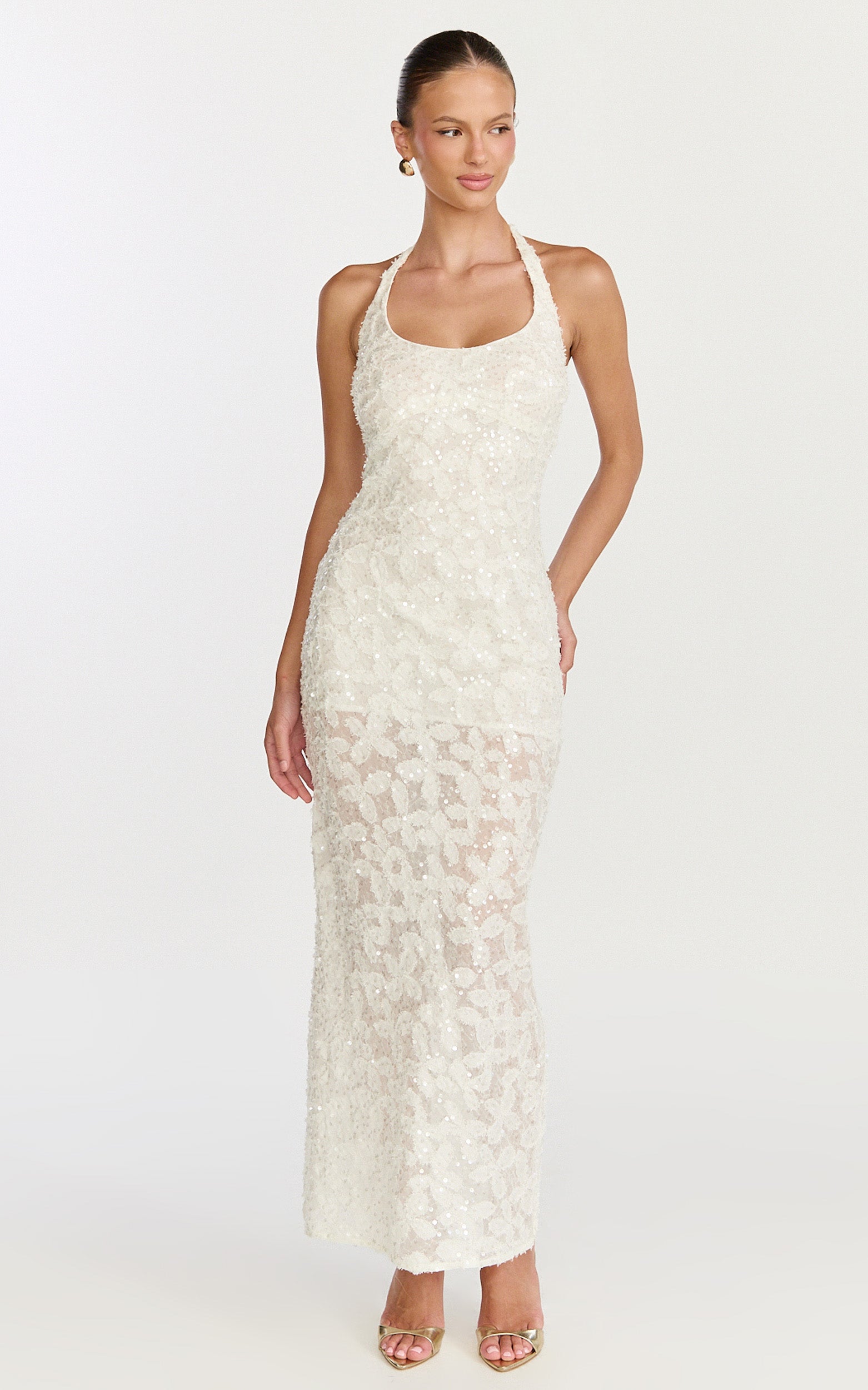 Benny Maxi Dress - Halter Neck Backless Bodycon Dress in Off White - View 5