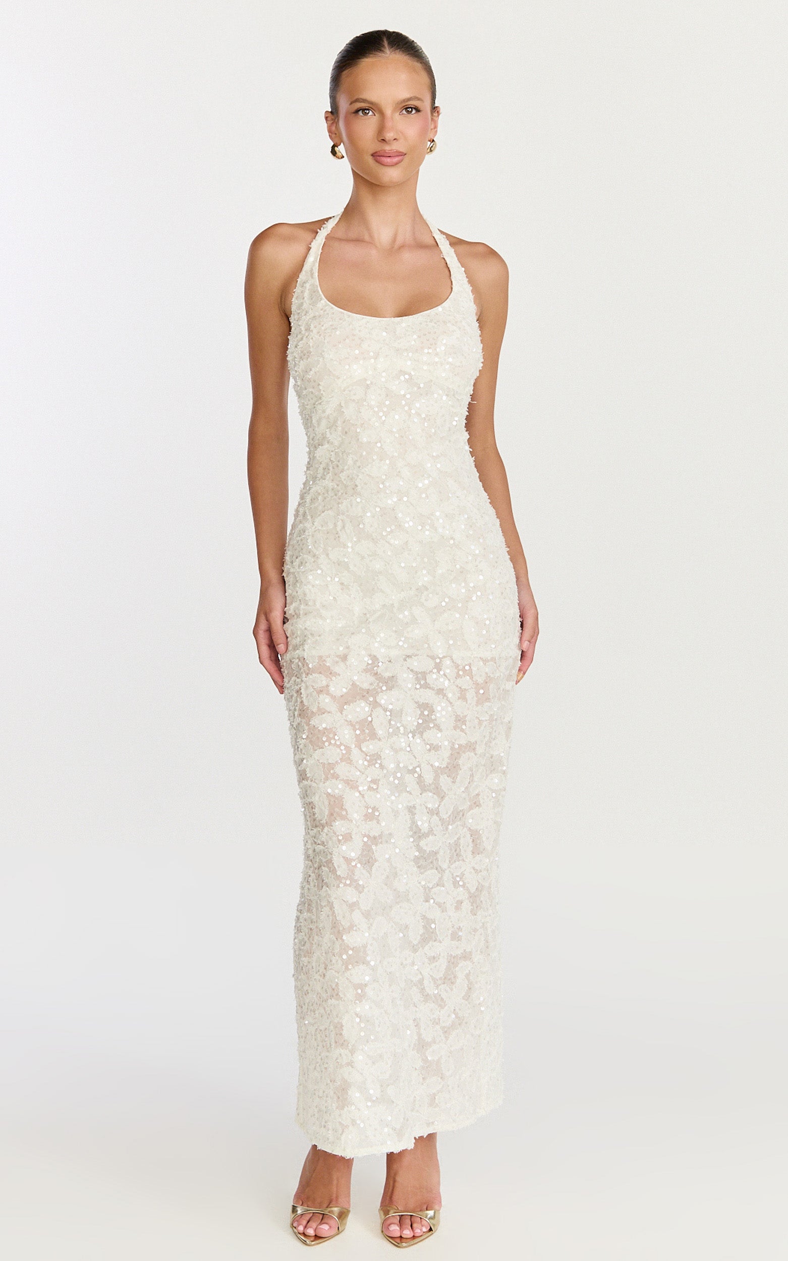 Benny Maxi Dress - Halter Neck Backless Bodycon Dress in Off White - View 7