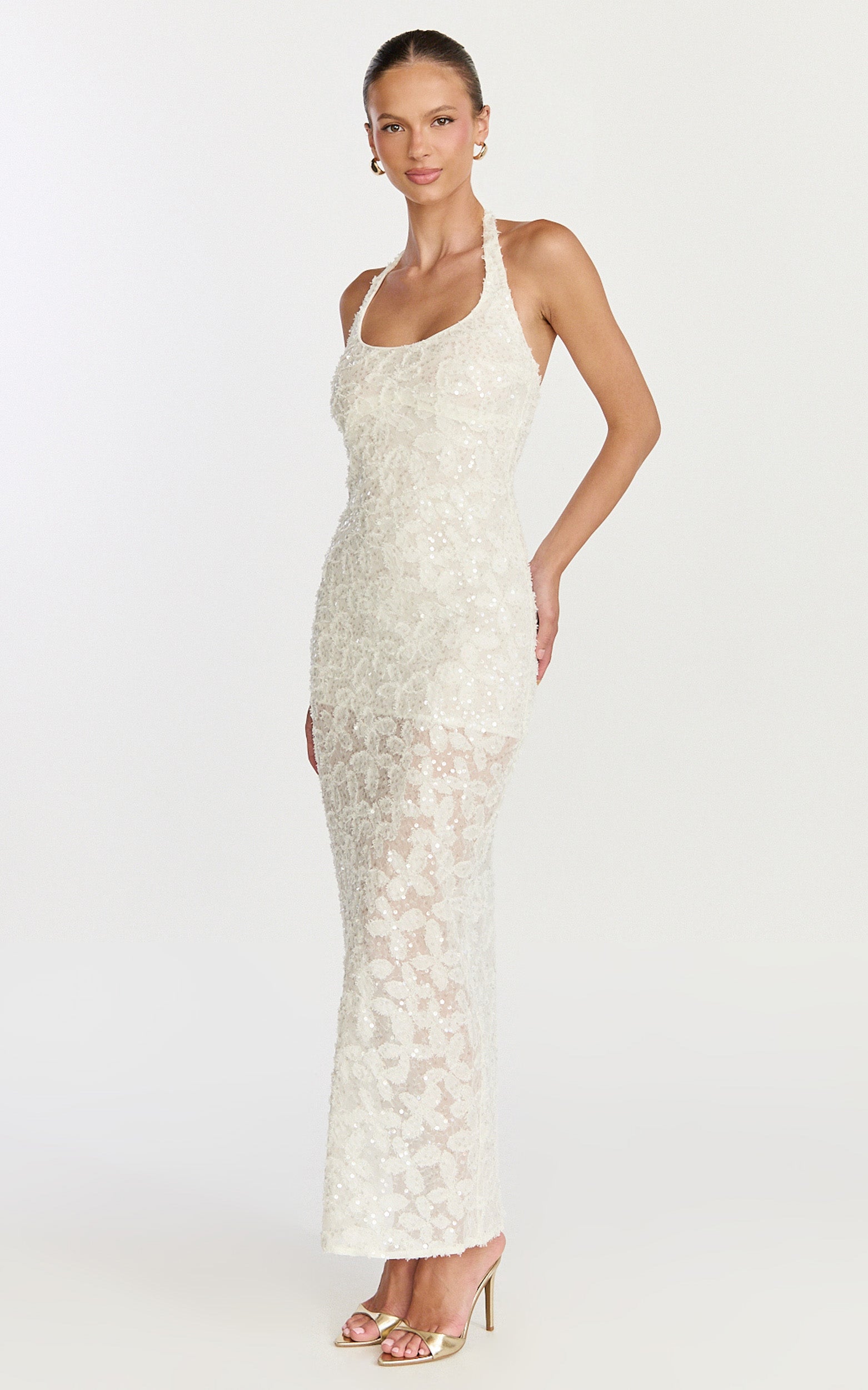 Benny Maxi Dress - Halter Neck Backless Bodycon Dress in Off White - View 3