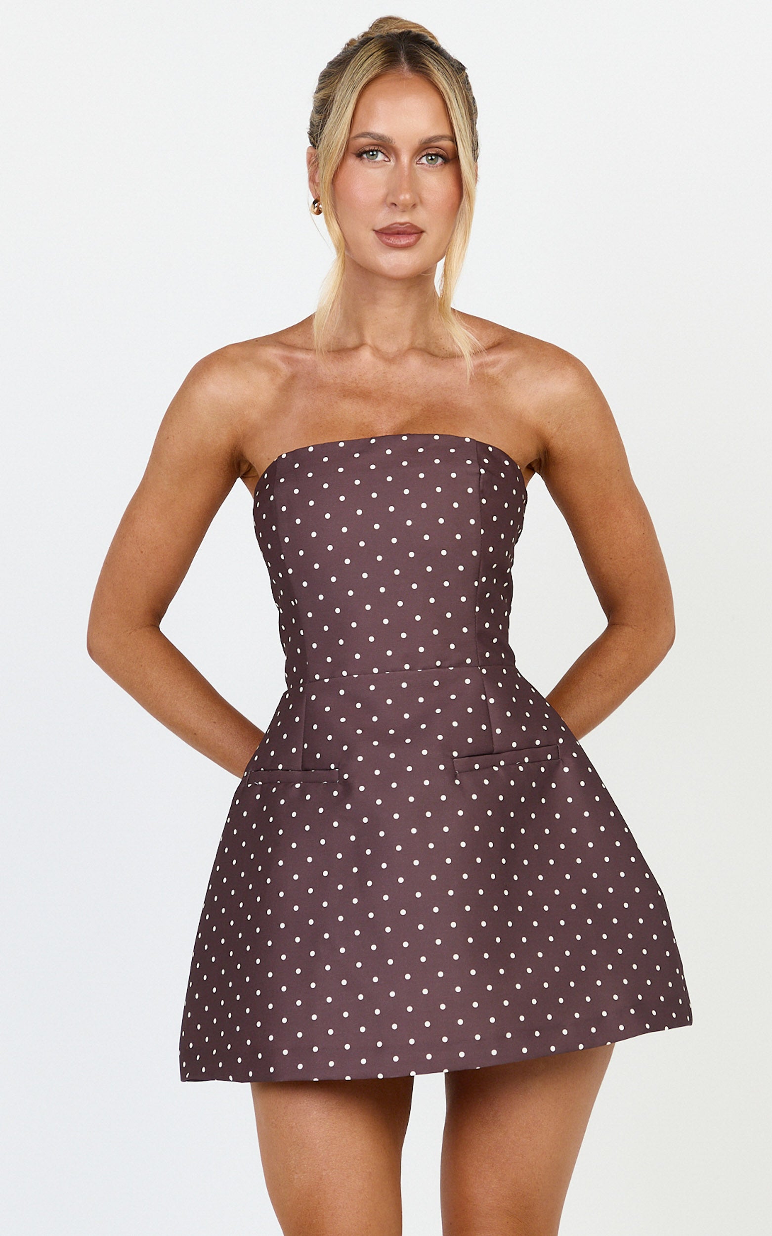 Benson Playsuit - Strapless Fit and Flare Playsuit in Chocolate/Cream Polka Dot - View 1
