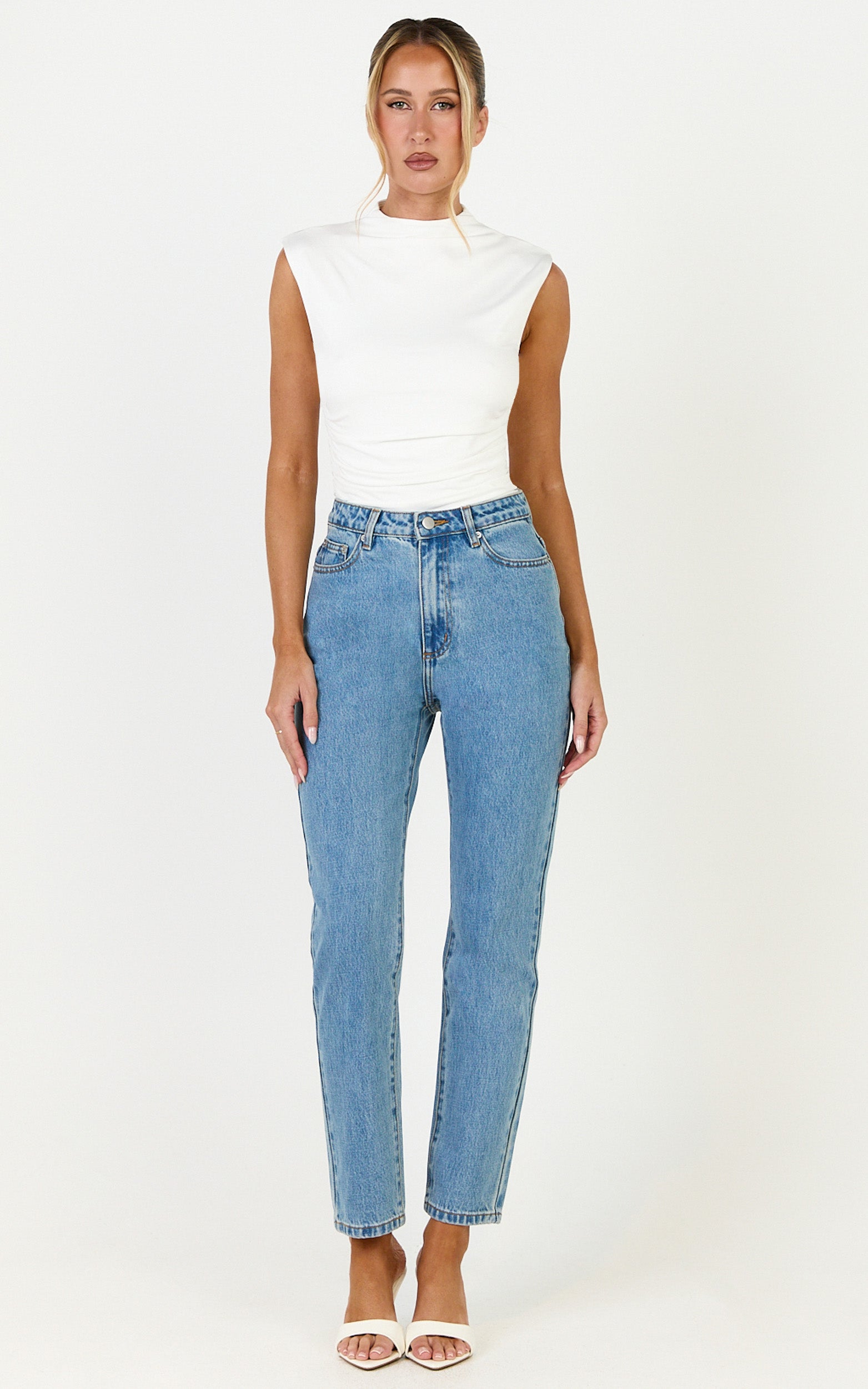 Billie Jeans - High Waisted Recycled Cotton Mom Denim Jeans in Light Mid Blue - View 3