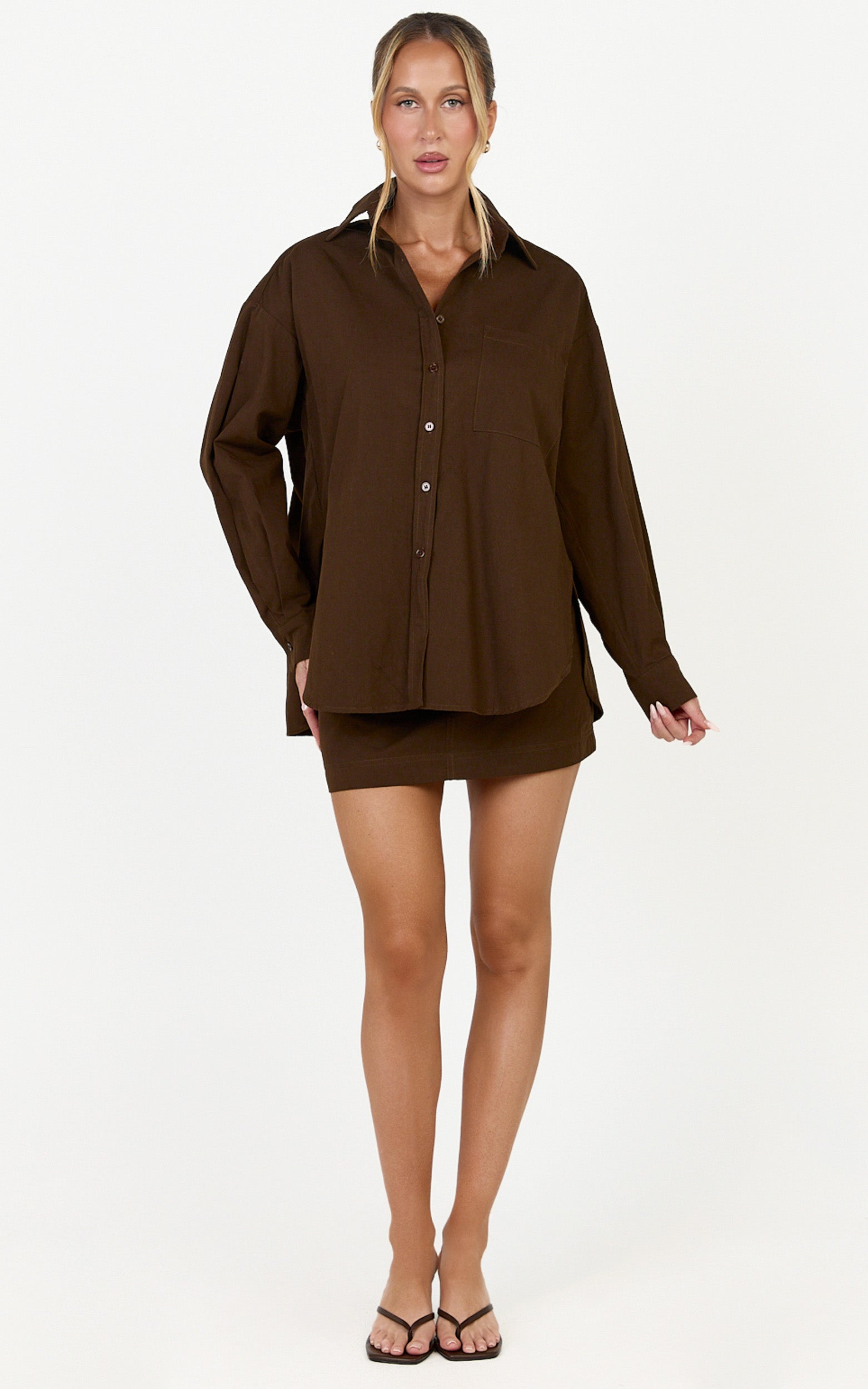 Blanche Top - Oversized Patch Pocket Long Sleeve Shirt in Dark Chocolate - View 2