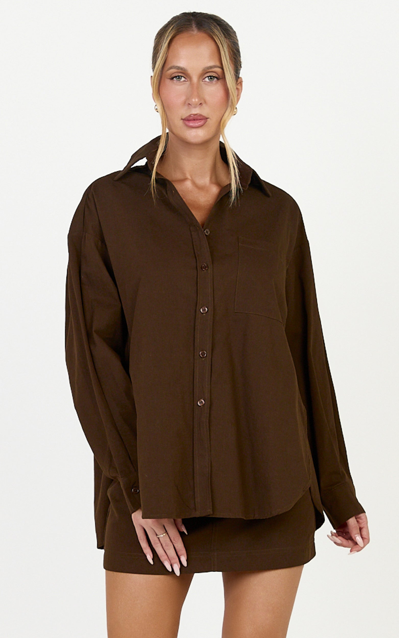 Blanche Top - Oversized Patch Pocket Long Sleeve Shirt in Dark Chocolate - View 3