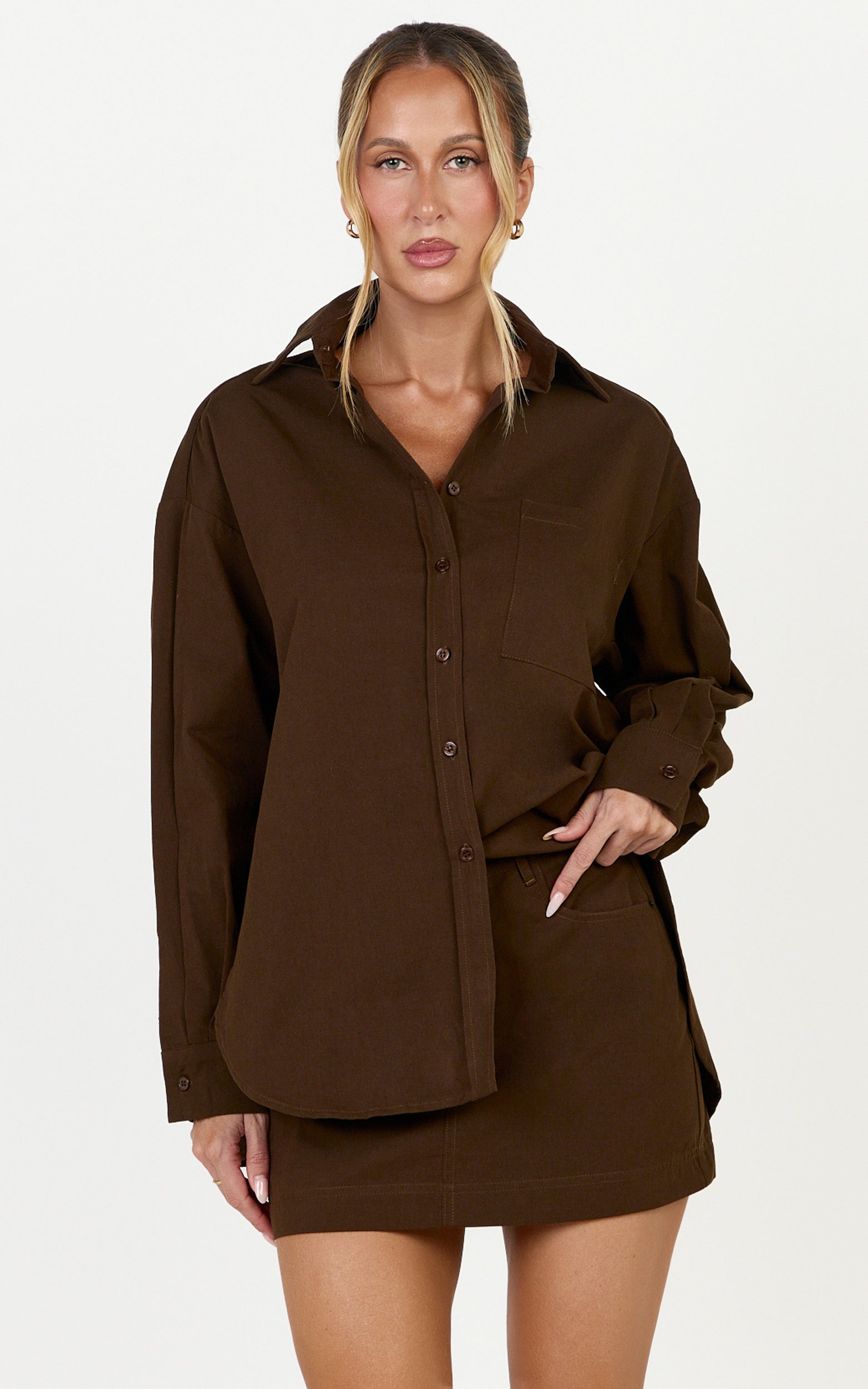 Blanche Top - Oversized Patch Pocket Long Sleeve Shirt in Dark Chocolate - View 1