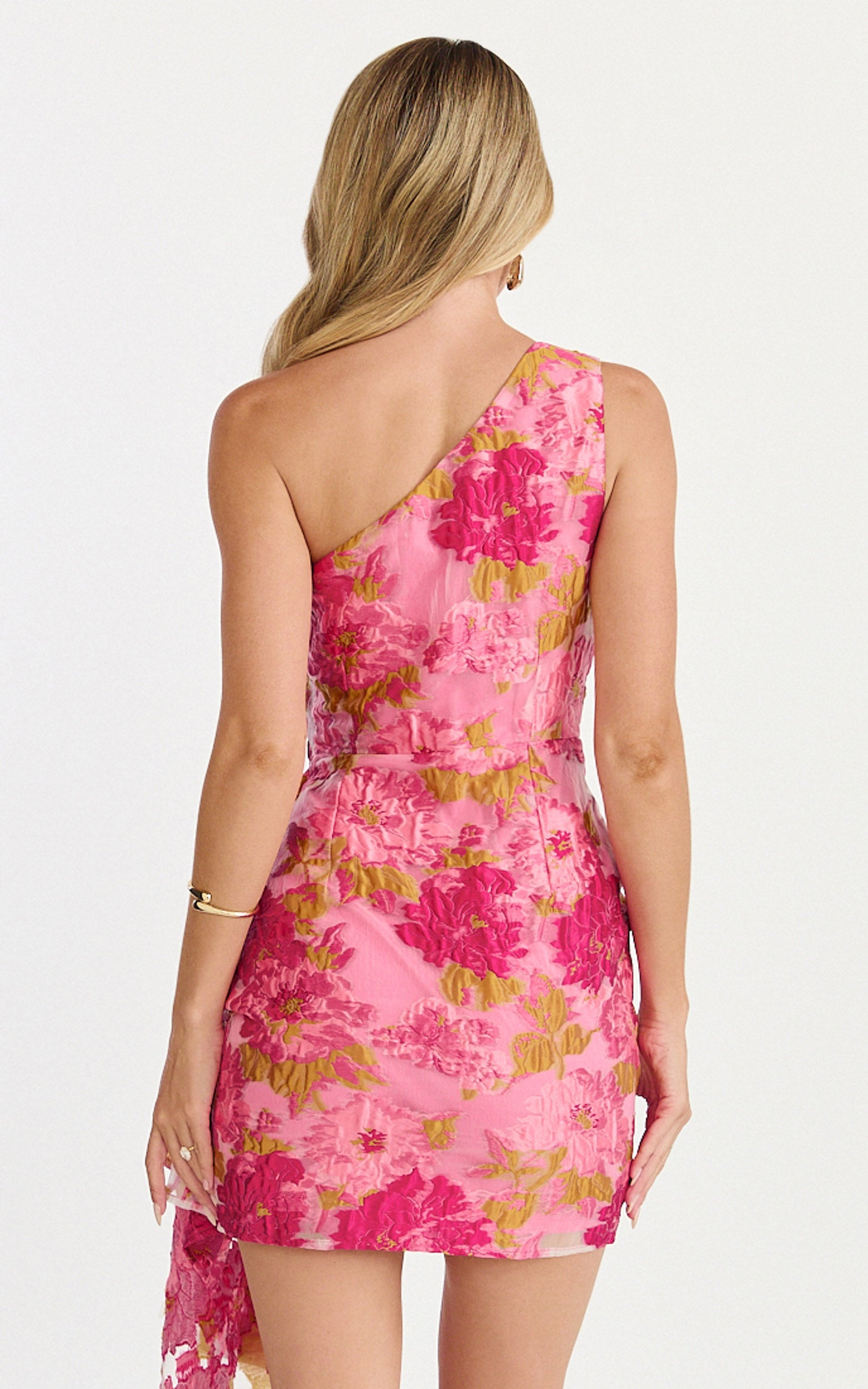 Brailey Mini Dress - One Shoulder Wrap Front Dress in Pink Jacquard - View 7