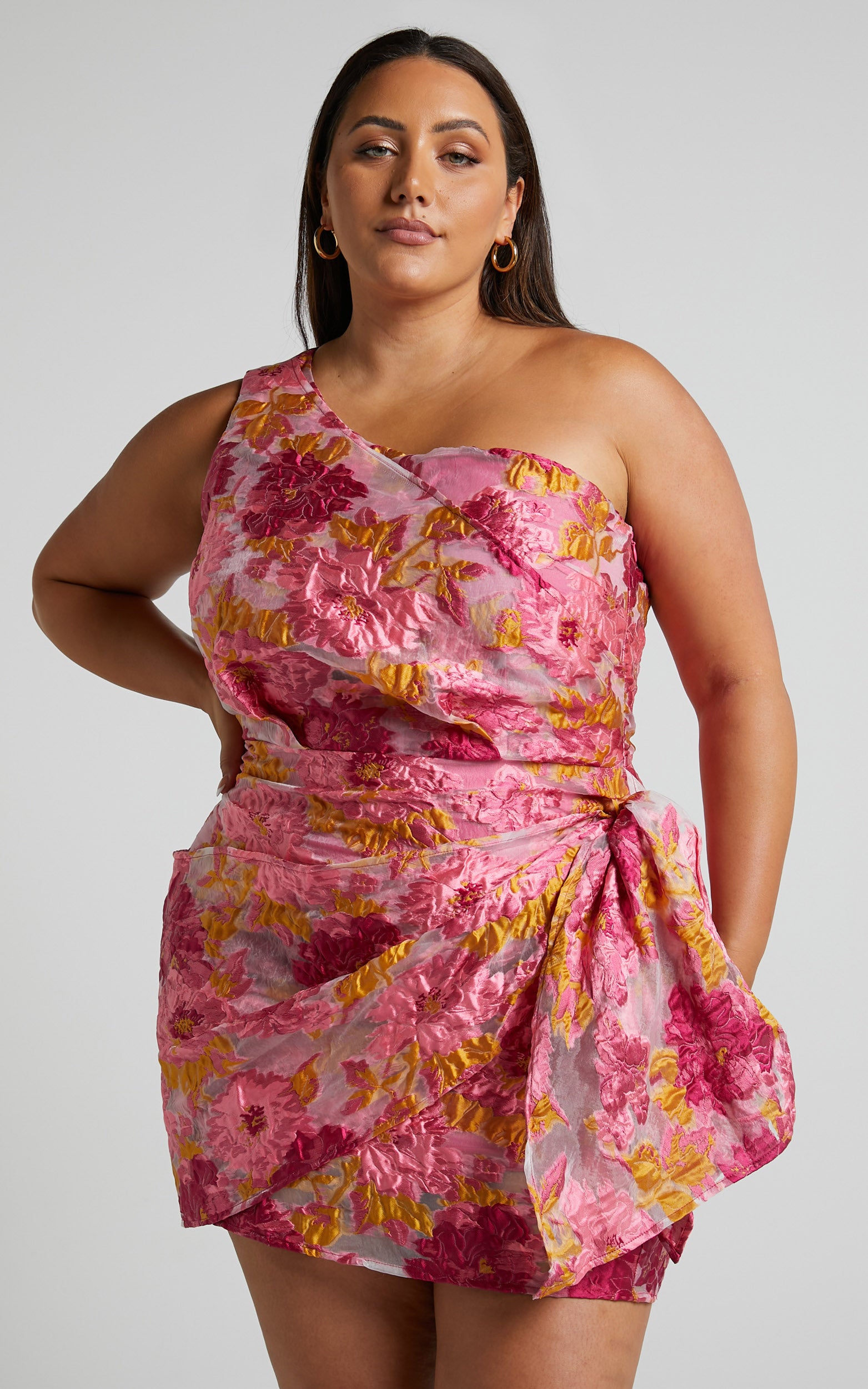 Brailey Mini Dress - One Shoulder Wrap Front Dress in Pink Jacquard - View 2