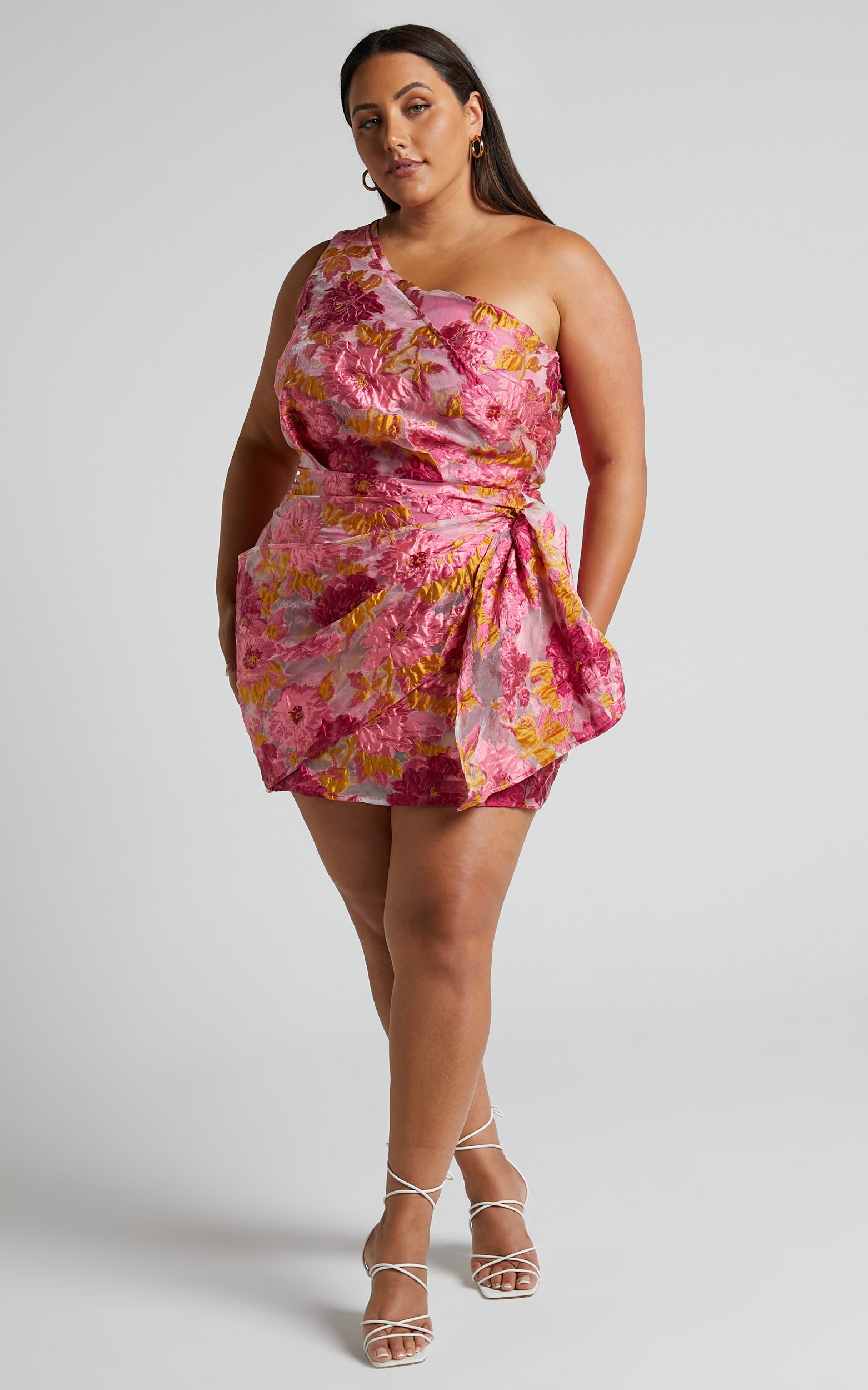 Brailey Mini Dress - One Shoulder Wrap Front Dress in Pink Jacquard - View 4